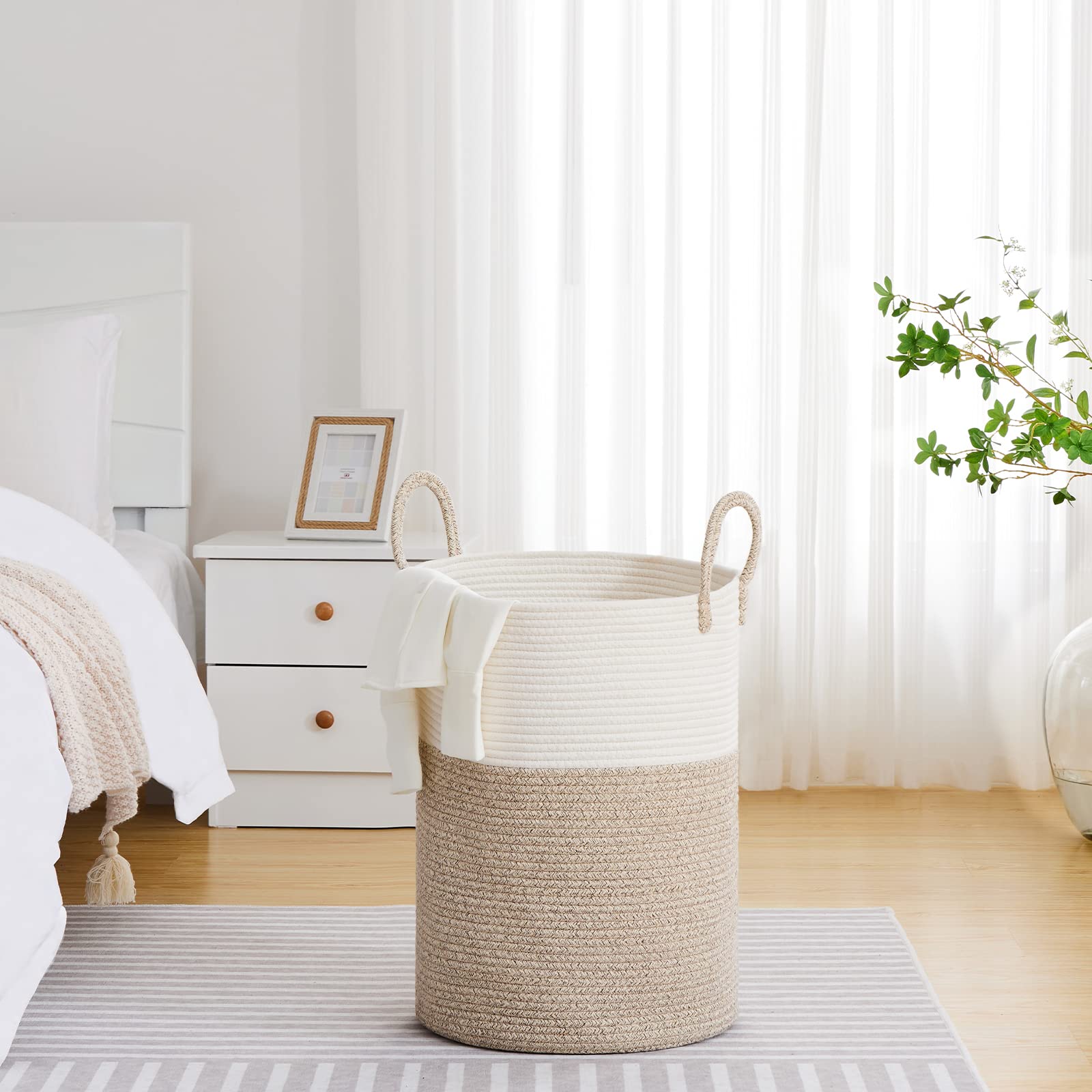 Viposco Large Laundry Hamper, Tall Woven Rope Storage Basket For Blanket, Toys, Dirty Clothes In Living Room, Bathroom, Bedroom