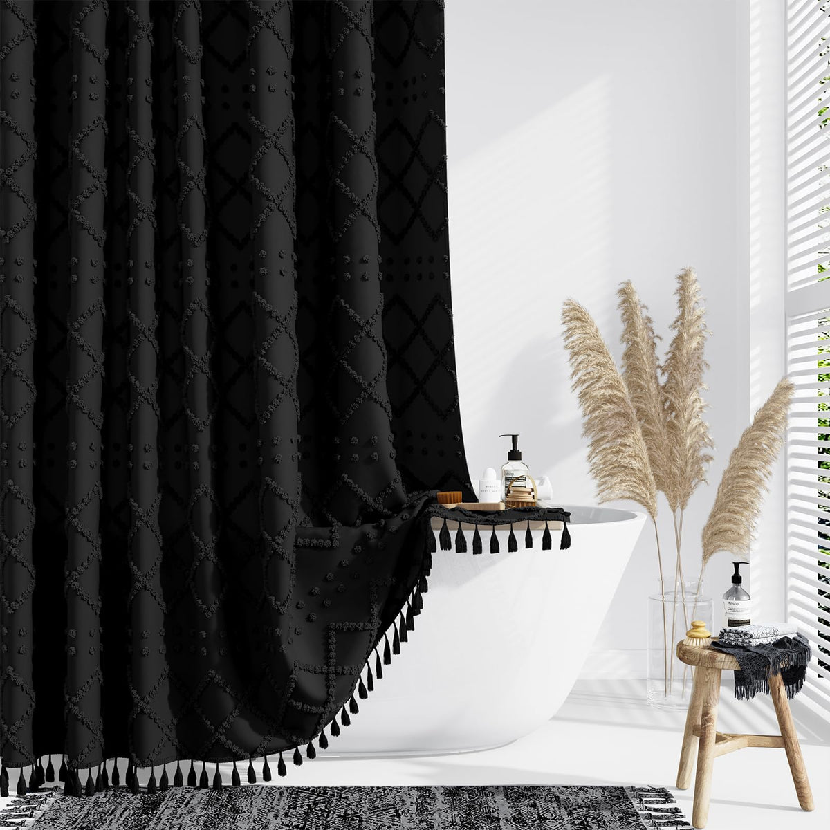 Dynamene 78 Inches Long Shower Curtain, Boho Chenille Tufted Geometric Striped Tall Cloth Shower Curtains For Bathroom, Large Ho