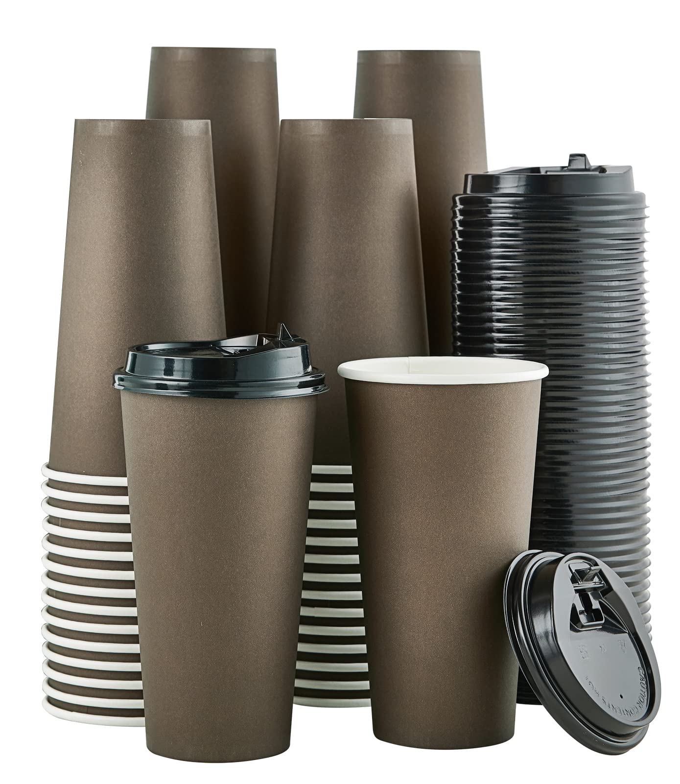 Litopak 100 Pack 20 Oz Paper Coffee Cups, Brown Disposable Coffee Cups With Lids, Drinking Cups For Cold/Hot Coffee, Water, Juic