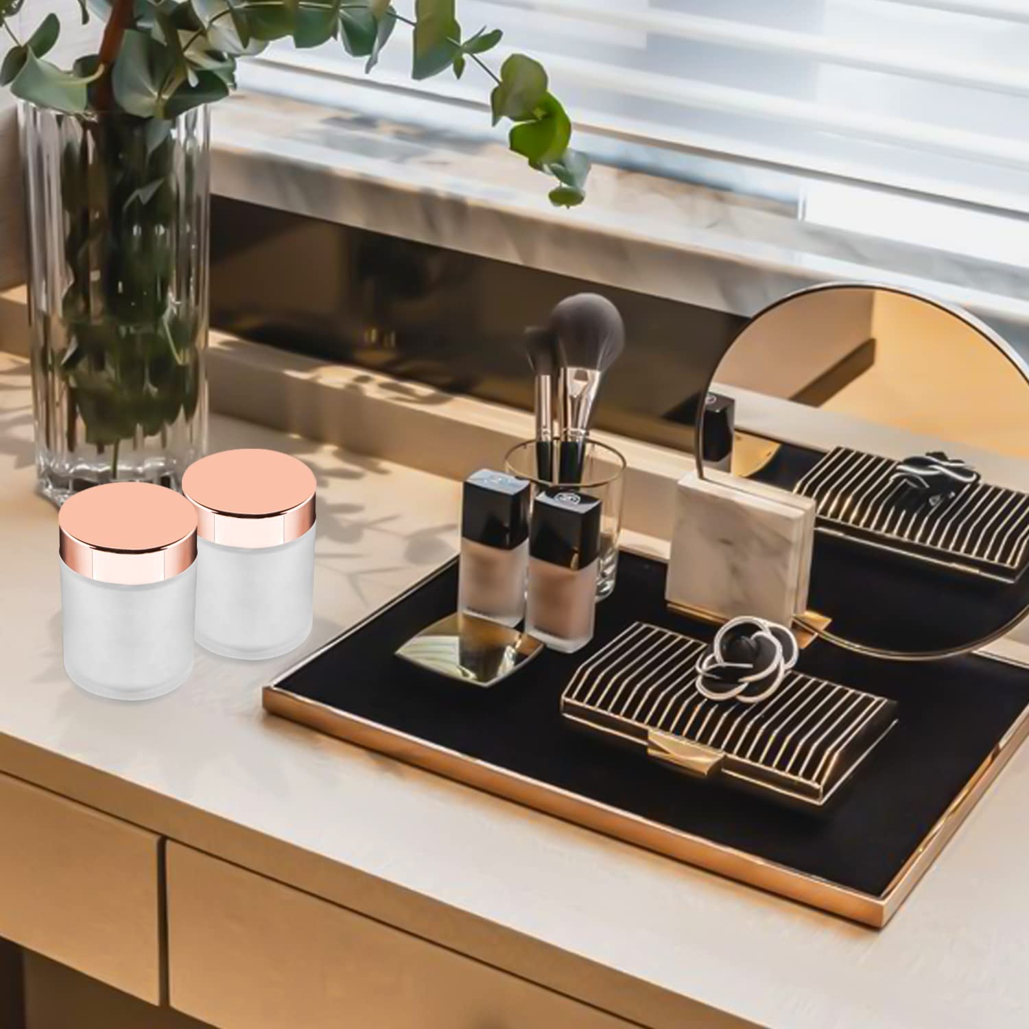 4 Pack,3.4 Oz Frosted Glass Jars With Lids,Round Empty Storage Containers With Rose-Golden Lids & Inner Liners,Travel Jars Pot F