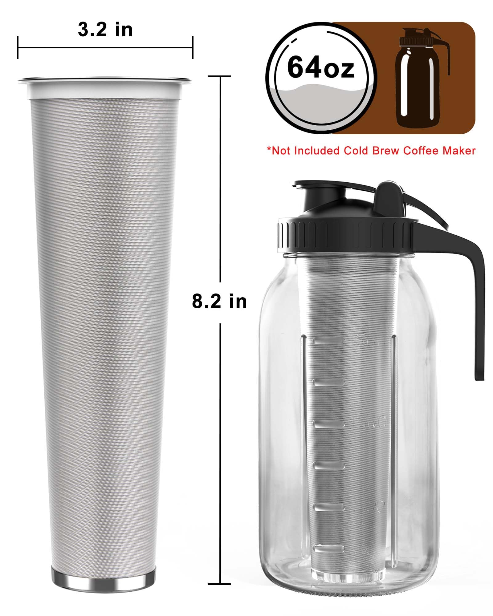 Va1Kene Cold Brew Coffee Filter For 64Oz Glass Mason Jar Pitcher - Fine Mesh, Reusable 304 Stainless Steel Filter With Sealing R