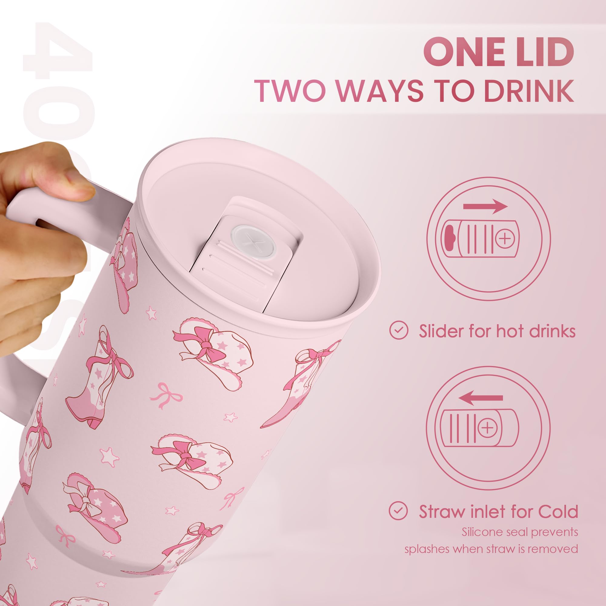 Cowgirl 40oz Slider Tumbler with Handle and Straw - Insulated Stainless Steel Travel Coffee Mug for Women Girls, Gift for Birthd