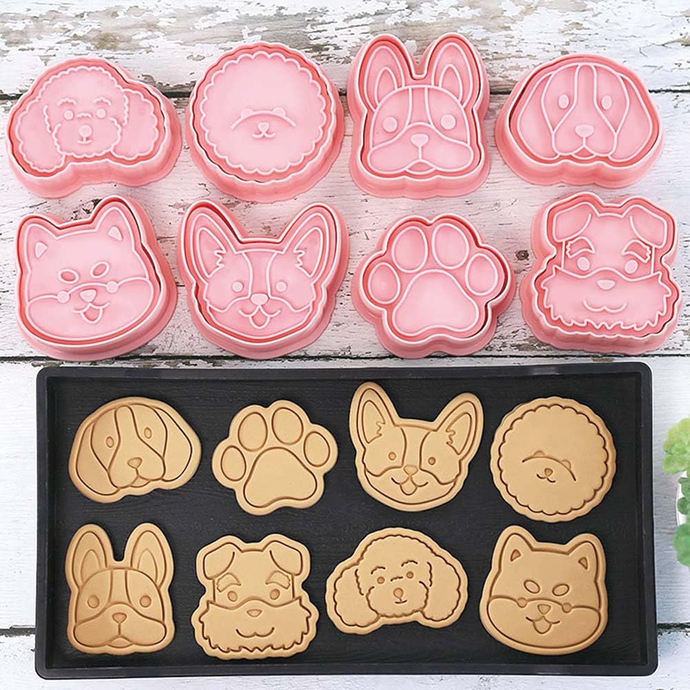 8 Dog Cookie Cutters Set, 3D Puppy Cookie Stamps with Paw for Dog Treat