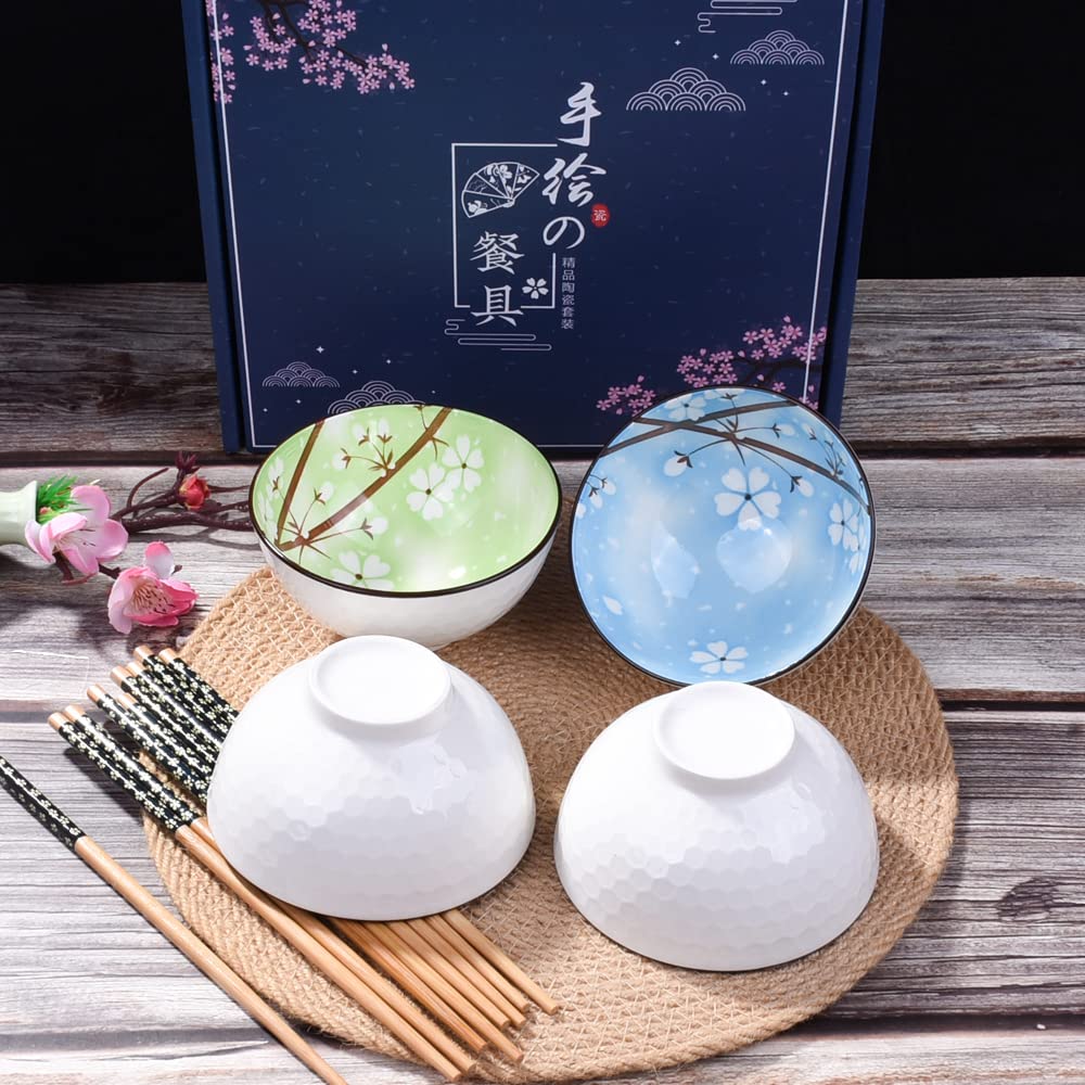 Japanese Style Ceramic Rice Bowl And Chopstick Set Of 4, Assorted Designs And Color With Phum Flowers Underglazed Dinnerware Ide