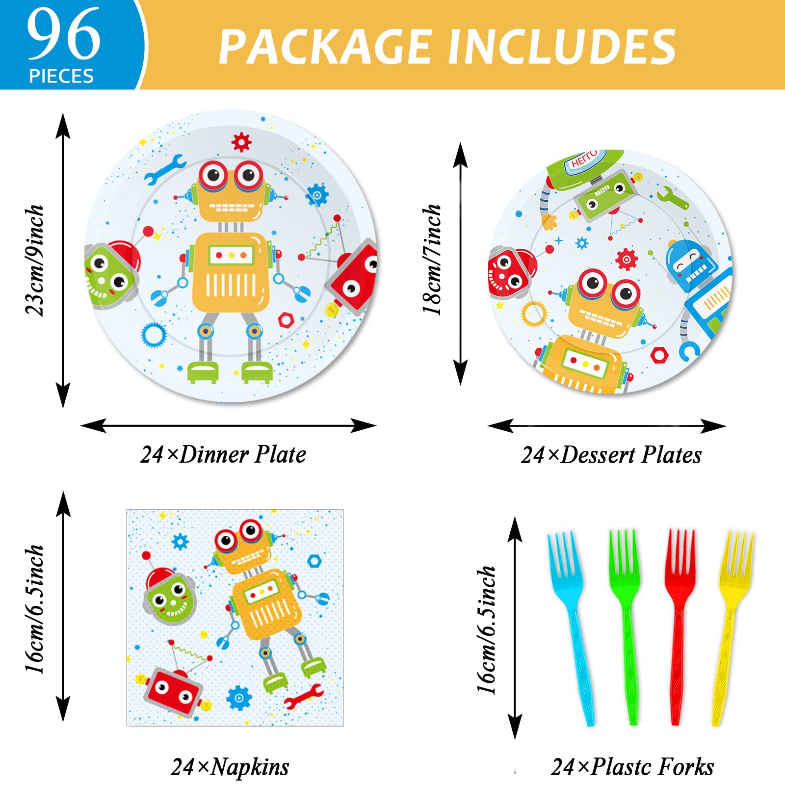 96pcs Robot Birthday Party Supplies Pack Robot Party Plates Napkins Forks Kit Disposable Tableware Set Robots Theme Party Baby Shower Decorations Favors For Boy  Serve 24