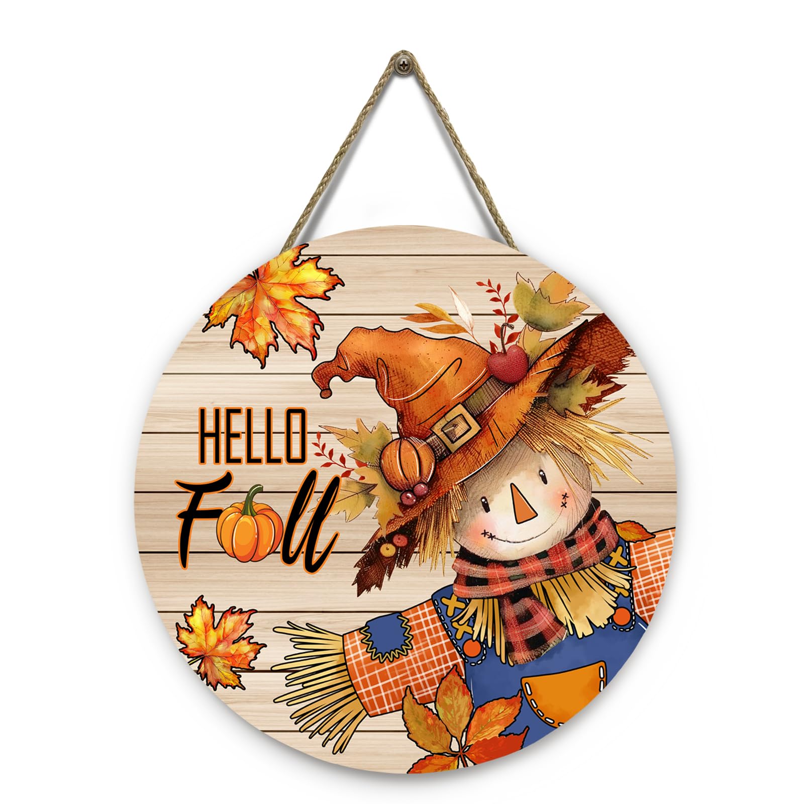 Dacawin Hello Fall Autumn Scarecrow Door Sign for Porch Pumpkins Maple Leaf Wood Hangers Farmhouse Door Sign for Front Door Deco
