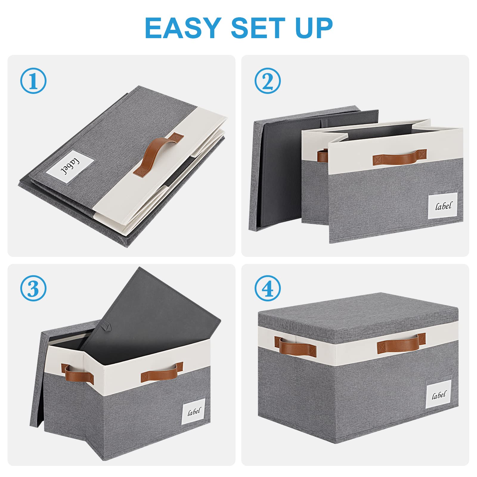 PFFVRP Large Storage Bins with Lids(6-Pack)  Foldable Fabric Storage Baskets with Lids  Sturdy Storage Boxes with Labels and 3 PU Handles for Closet Home Bedroom Office (26L  Grey&White)