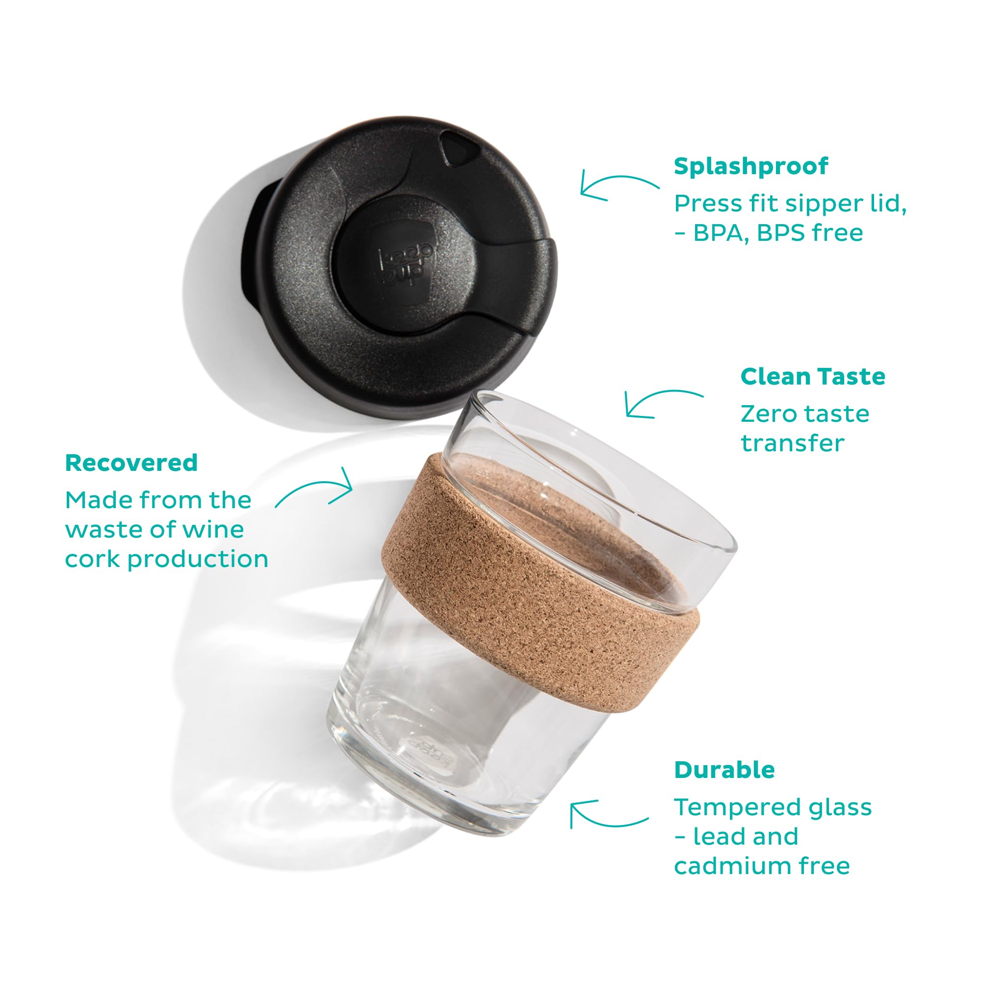 Keepcup Brew Cork - Reusable Coffee Cup Tempered Glass And Natural Cork, L 16Oz/454Ml - Black