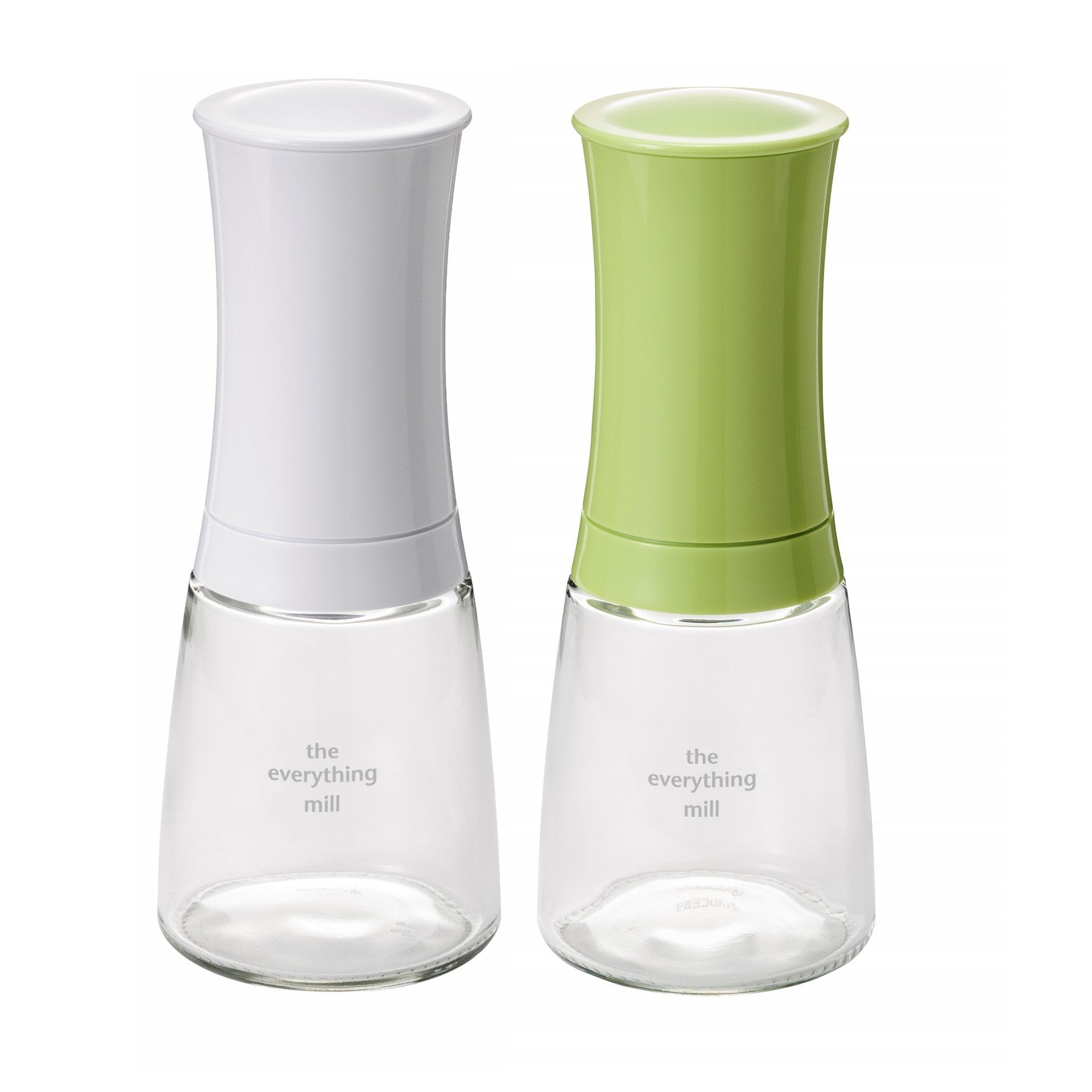 Kyocera 2-Piece Pepper, Salt, Seed and Spice Everything Mill Set with Adjustable Advanced Ceramic Grinder, Brilliant White/Apple