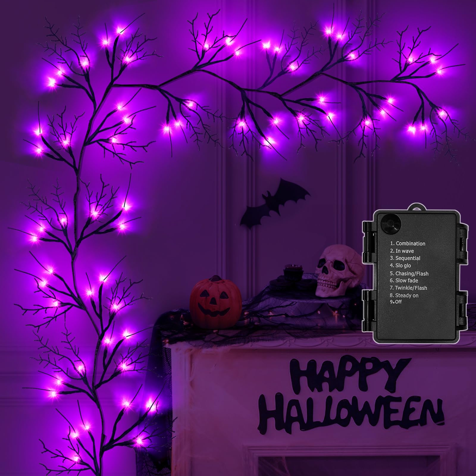 SURCVIO 9 Ft 54 LED Halloween Willow Vine Twig Decor Garland Waterproof Battery Operated Halloween Decorations for Home Wall Man