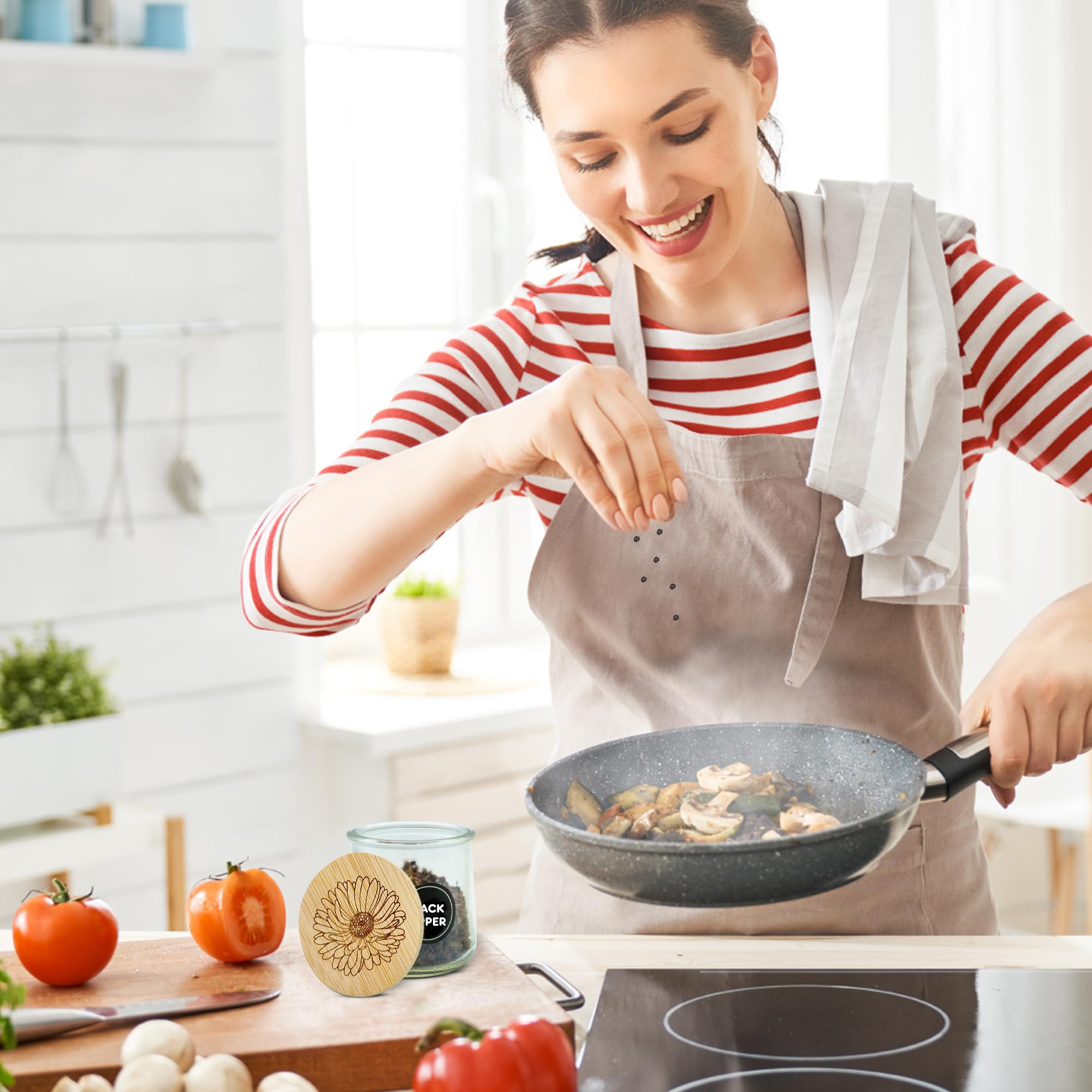 Super and Simple Oui Yogurt Jar Lids, 4-Piece Bamboo Set with Silicone Sealing Rings, Natural Color, Model 1