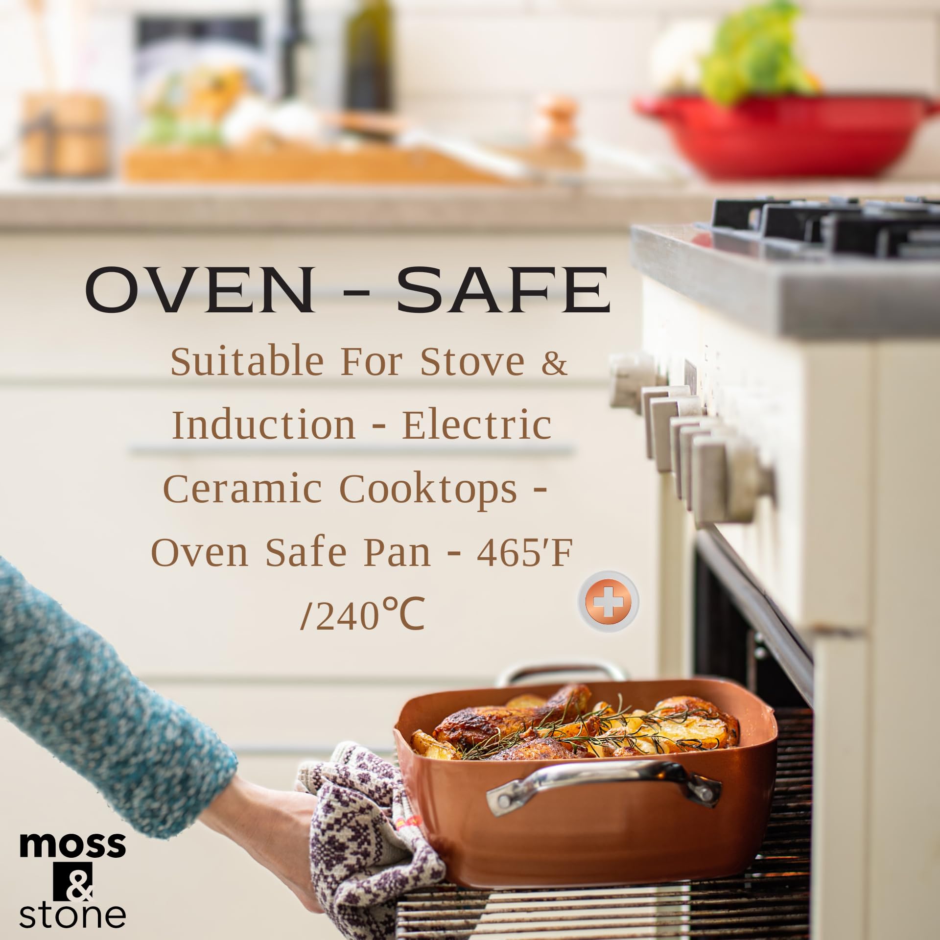 Moss & Stone Copper 6 Piece Set Chef Cookware, Non Stick Pan, Deep Square Pan, Fry Basket, Steamer Tray, Dishwasher & Oven Safe,