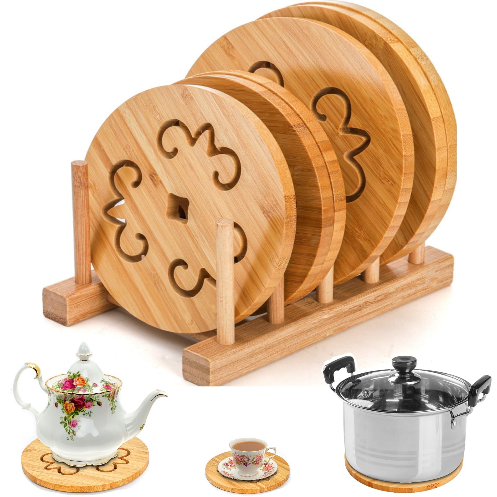 Avla 6 Pack Natural Bamboo Trivet Mat Set, Heat Resistant Pads With Dish Rack, Kitchen Wood Non-Slip Coaster, Durable Anti-Hot T