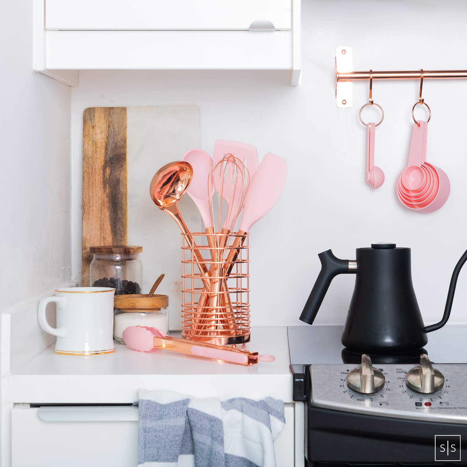 Copper And Pink Kitchen Utensils Set - 17-Piece Silicone Cooking Tools With Copper Utensil Holder And Pink Measuring Cups And Sp