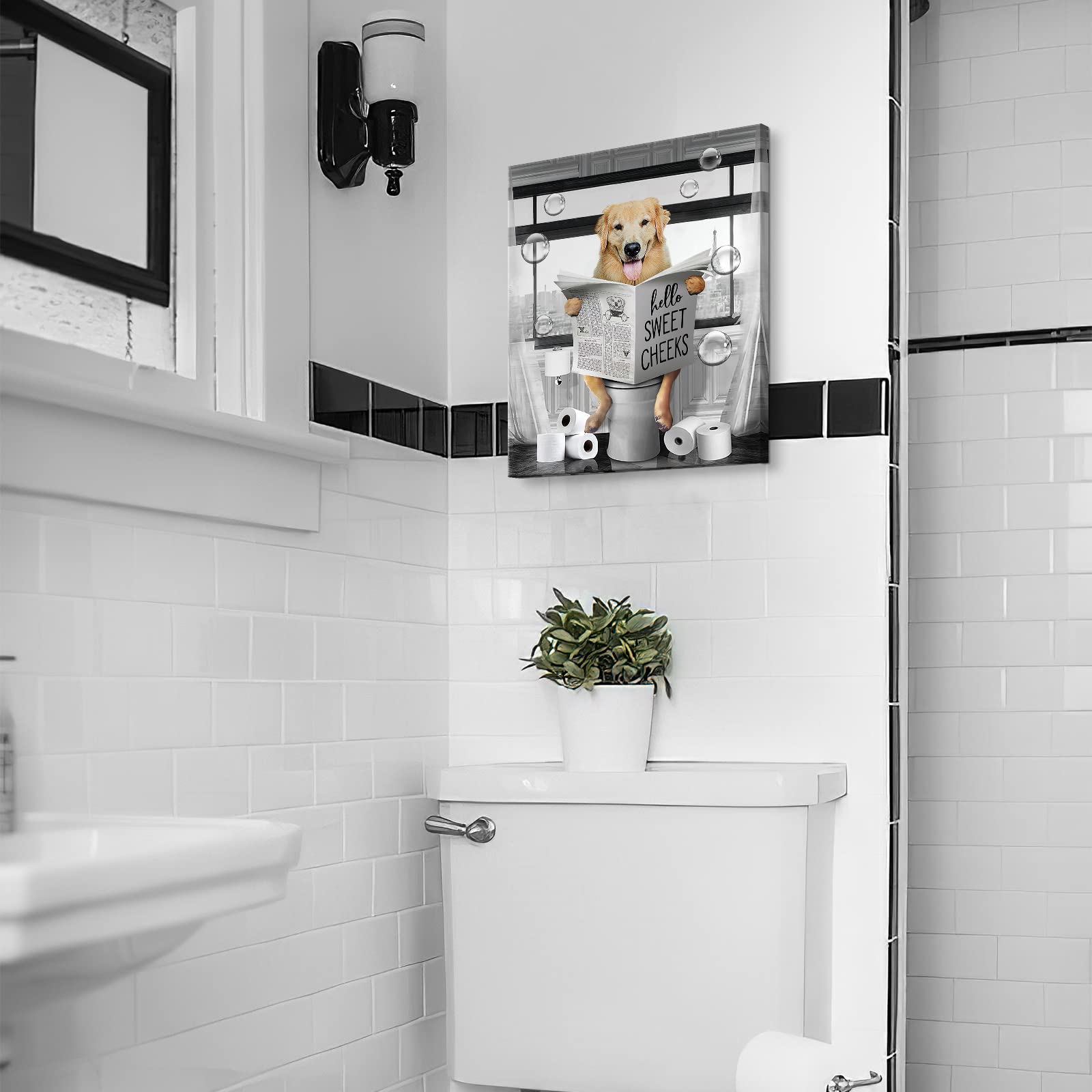 Funny Golden Retriever Wall Art Black And White Dog Bathroom Print Farmhouse Bathroom Animals Wall Decor Dog Sitting In Toilet R