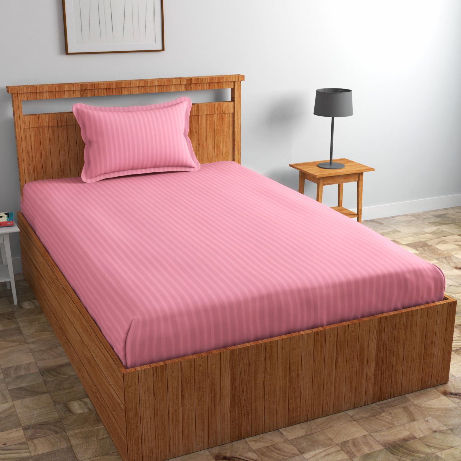 Homefab India 160 Tc Stripe Glace Cotton Single Bedsheet With 1 Pillow Cover - Baby Pink