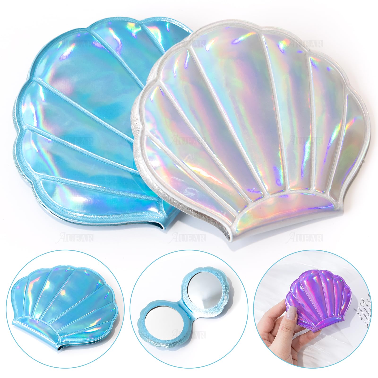 Auear, 4 Pack Glitter Shell Mirror Double-Sided Magnification Makeup Mini Portable Foldable Handheld Compact For Purse Handbag P