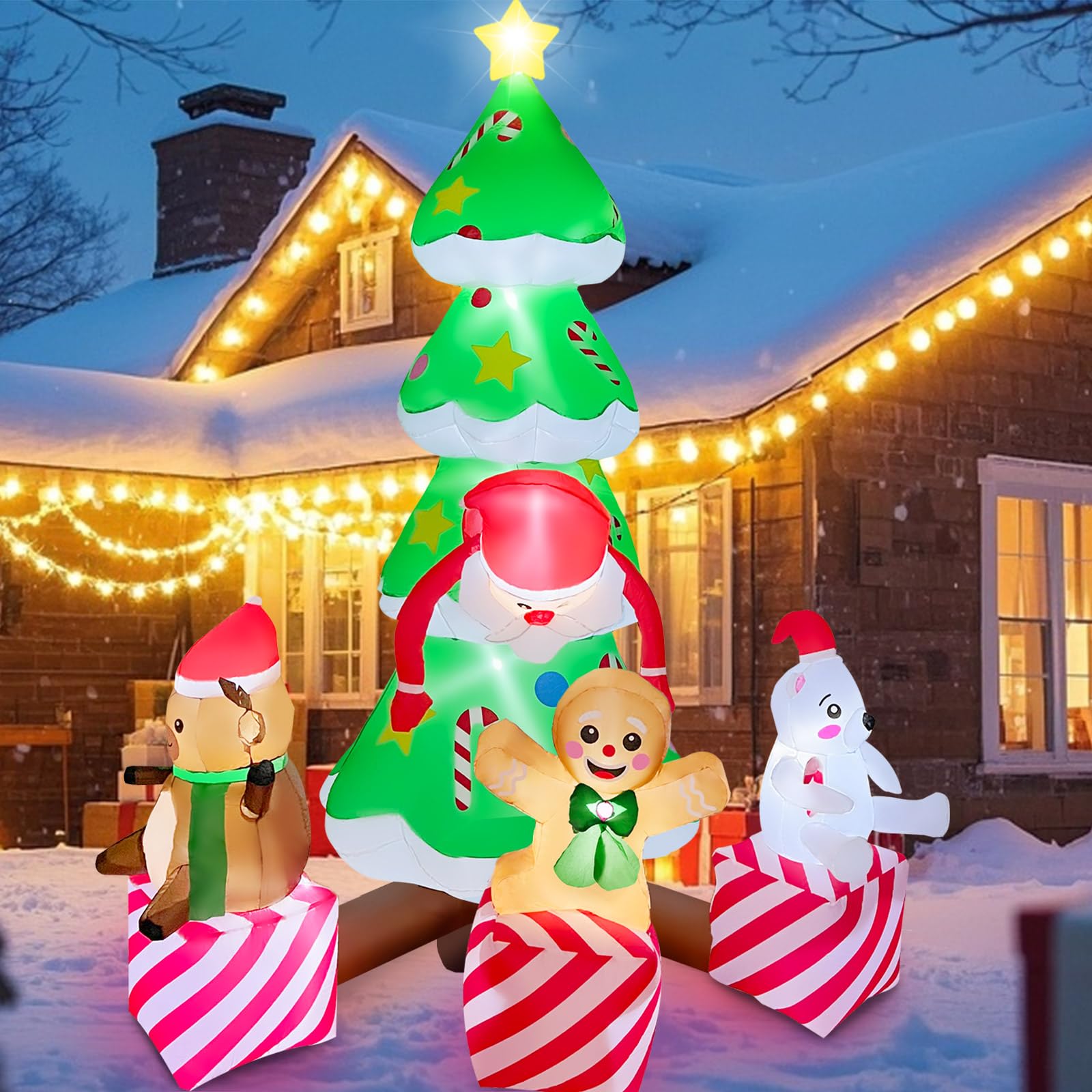 GIGLIM 2025 Inflatable Christmas Tree 8FT Christmas Tree Inflatables Combined with Santa Claus and Friends Christmas Blow Up Out