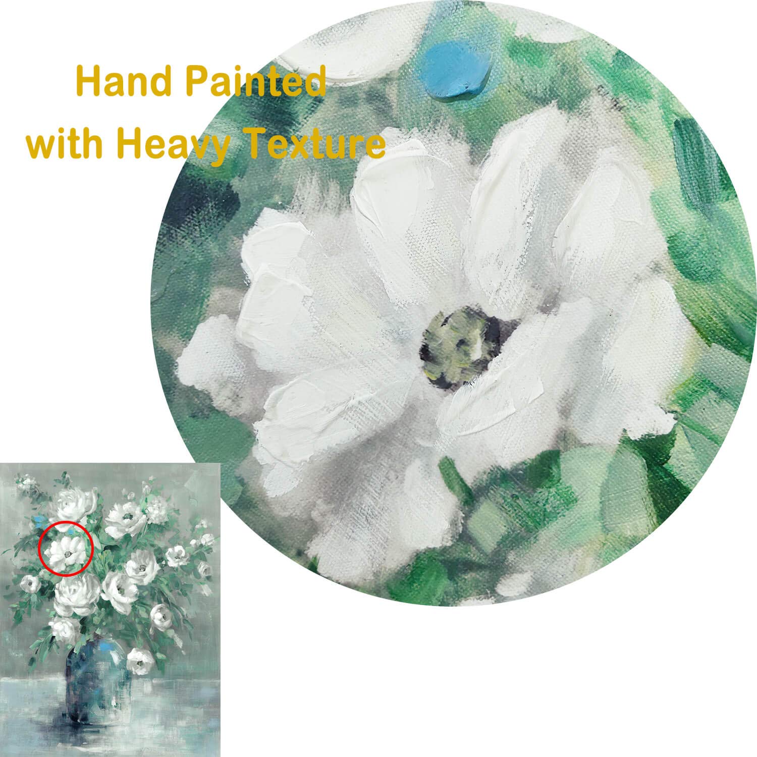 Utop-Art Floral Canvas Wall Art Painting White Rose Flower Green Leaves Hand Painted Texture Picture Artwork For Bedroom Plant W