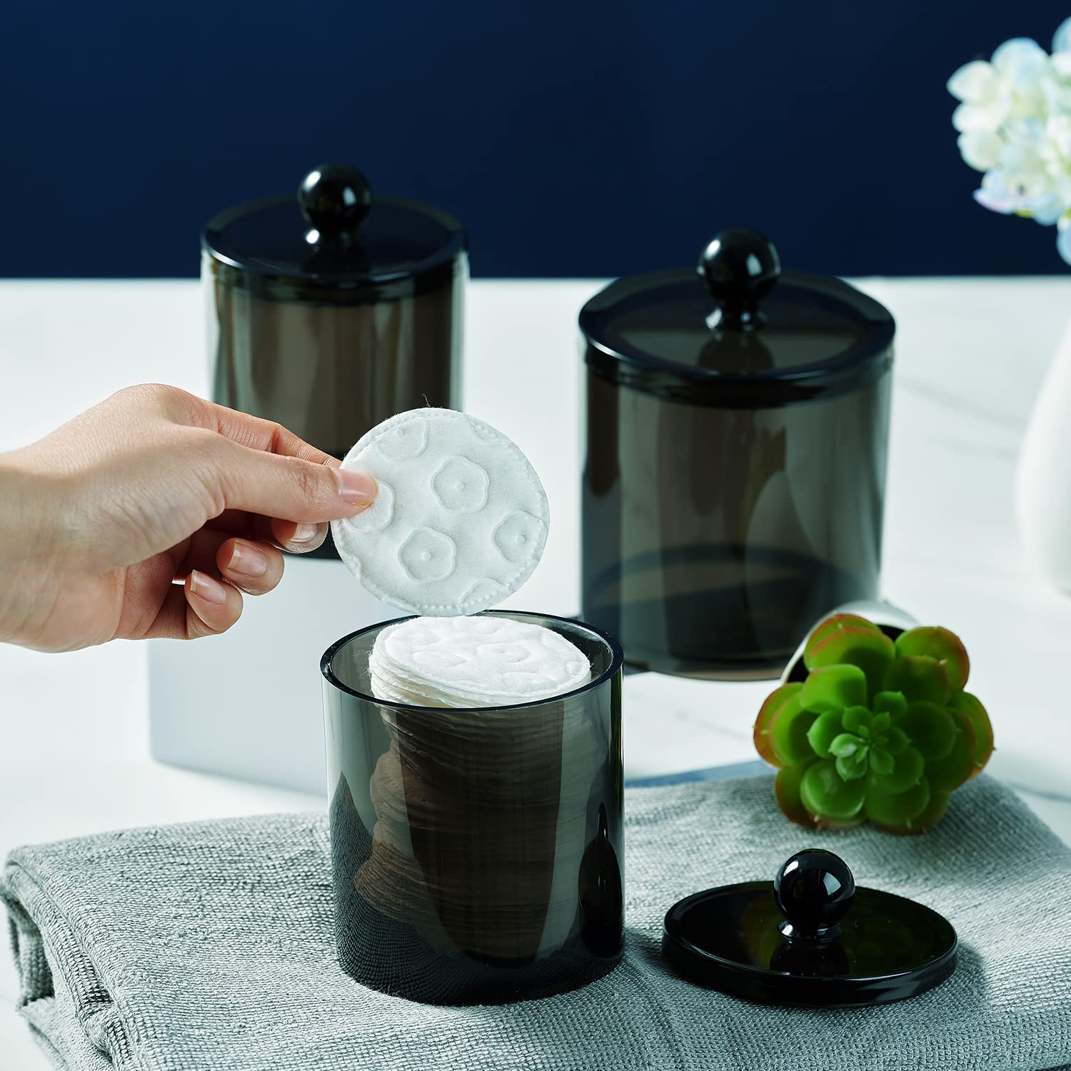 Qtip Holder Bathroom Set With Tray(4Pcs) - 3 Pack Acrylic Plastic Apothecary Jars Qtip Dispenser Canister With Lid And Labels, 1