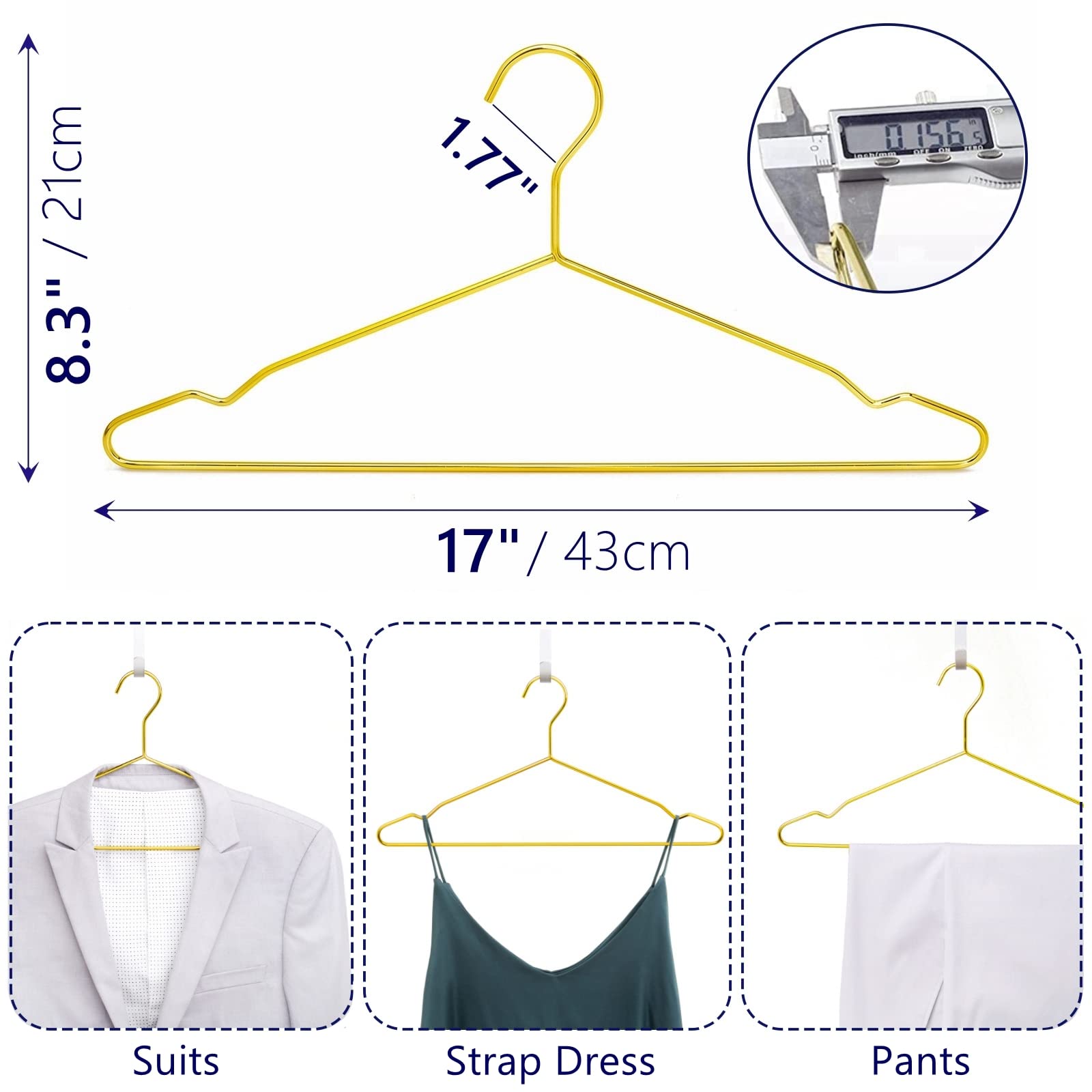 Amber Home 17'' Shiny Gold Strong Metal Hanger 30 Pack, Gold Clothes Hangers, Heavy Duty Coat Hangers, Standard Suit Hangers For