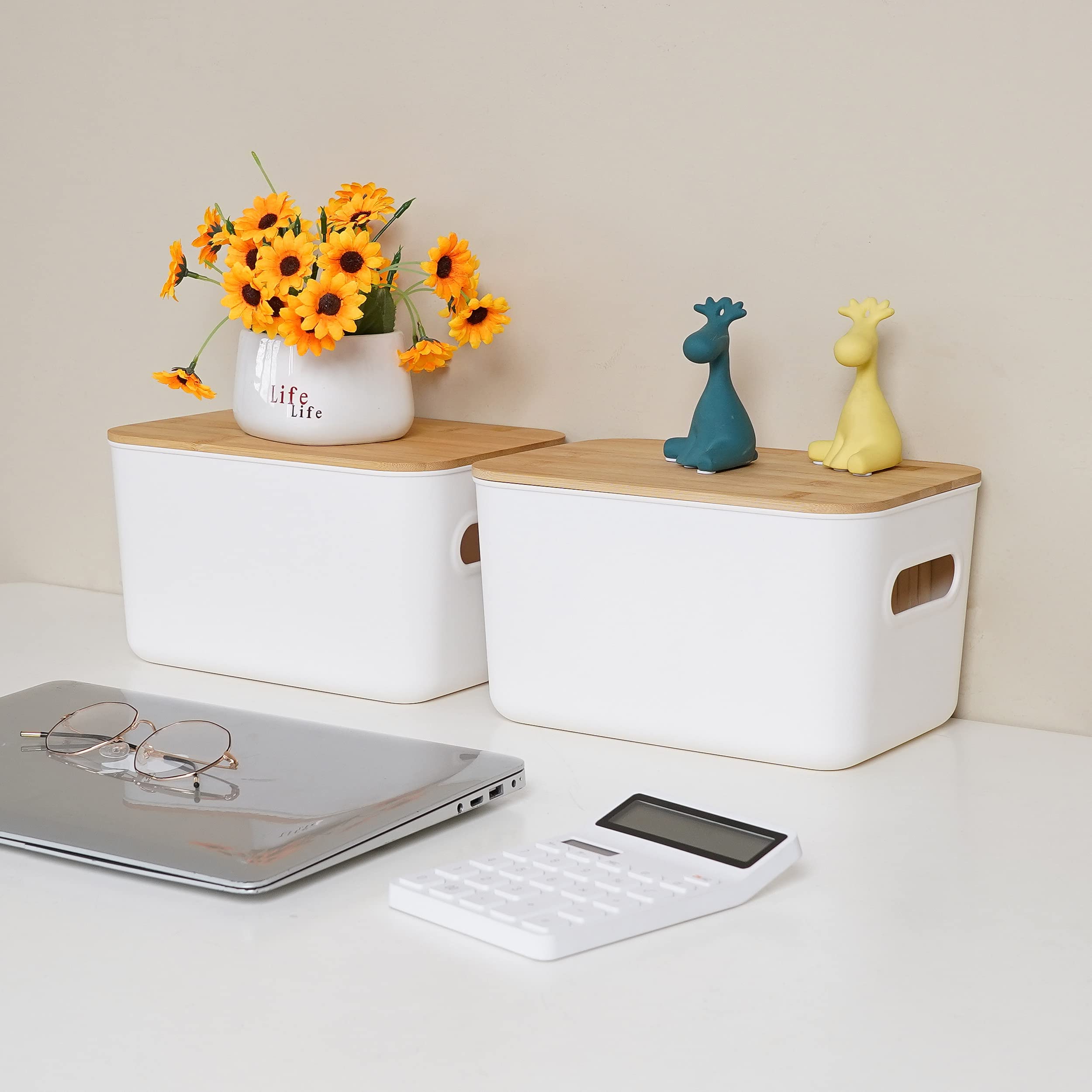 Citylife 2 Pcs Storage Bins With Bamboo Lids Plastic Storage Containers For Organizing Stackable Storage Box With Handle, 10.23