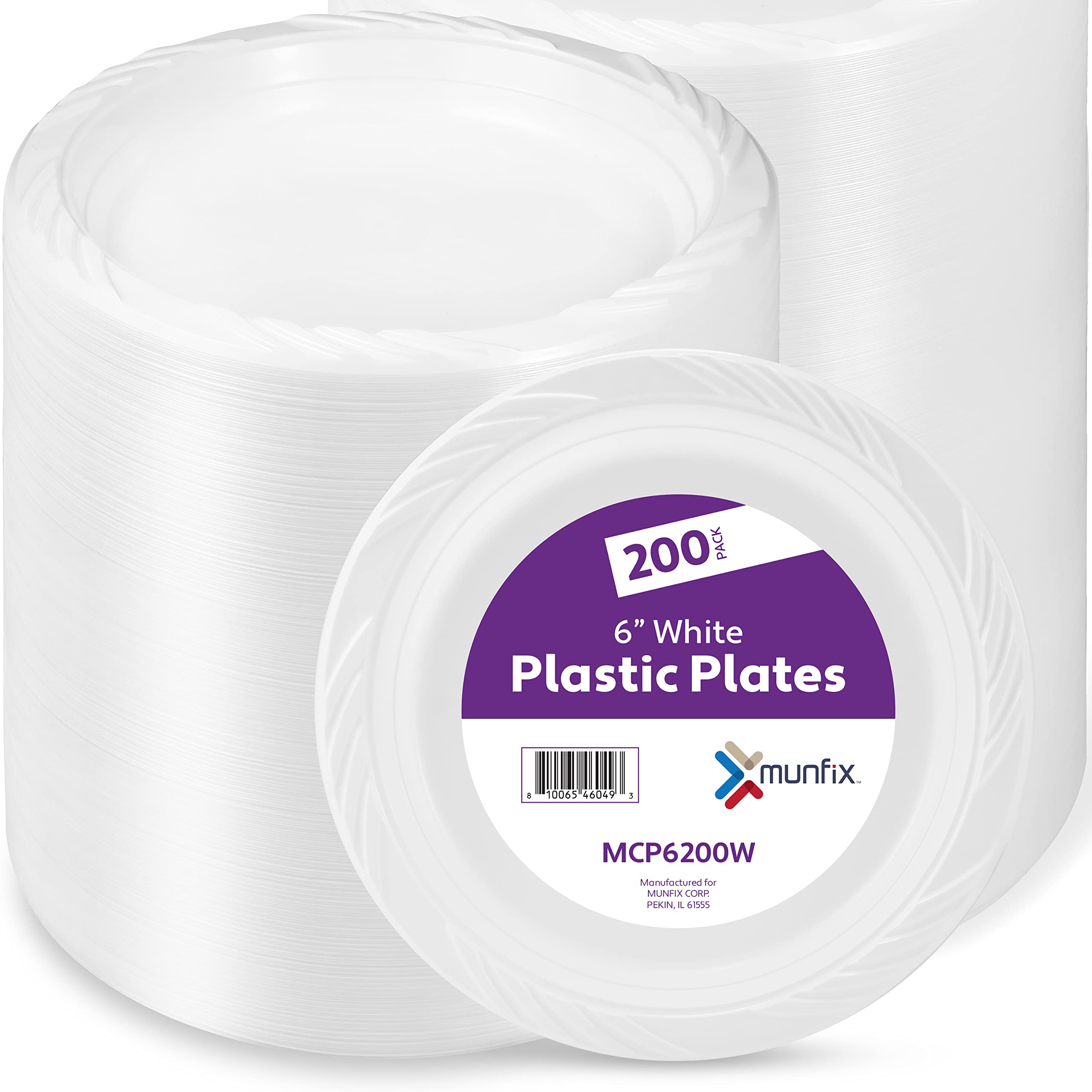 Munfix 6 Inch White Plastic Plates 200 Bulk Pack - Disposable Cake Plates For Bbq, Party, Travel And Events, Microwavable Recycl