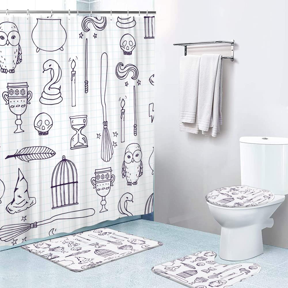 Lokmu 4 Pcs Shower Curtain Sets With Non-Slip Rugs, Toilet Lid Cover And Bath Mat,Witch Birdcage Magic Books Owl Wand Broom Wate