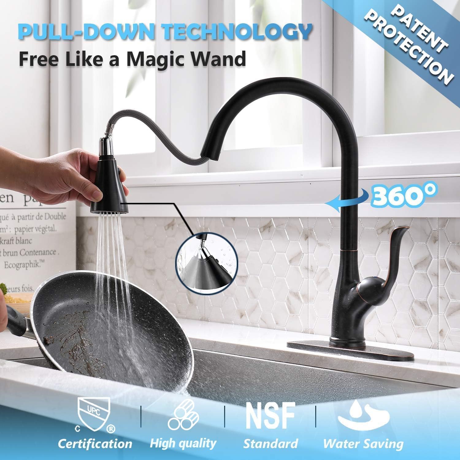Matte Black Kitchen Faucet Pull Down Sprayer and Soap Dispenser - Single Handle Commercial High Arc One Hole Pull Out Spray Head Kitchen Sink Faucets with Deck Plate  APPASO