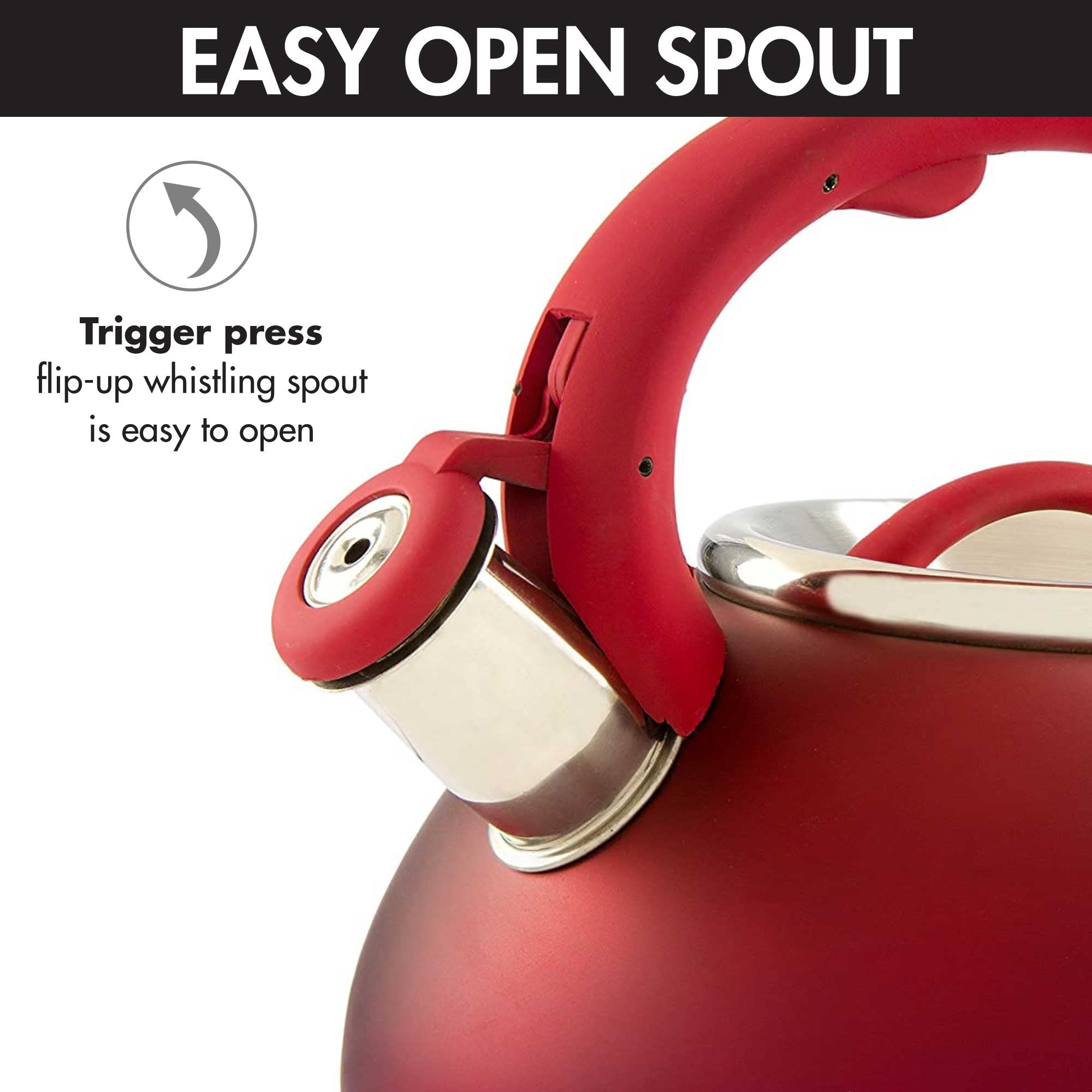 Primula Stainless Steel Hot Water Kettle, 2.5-Quart, Matte Red, Cool Touch Handle, Model Avalon