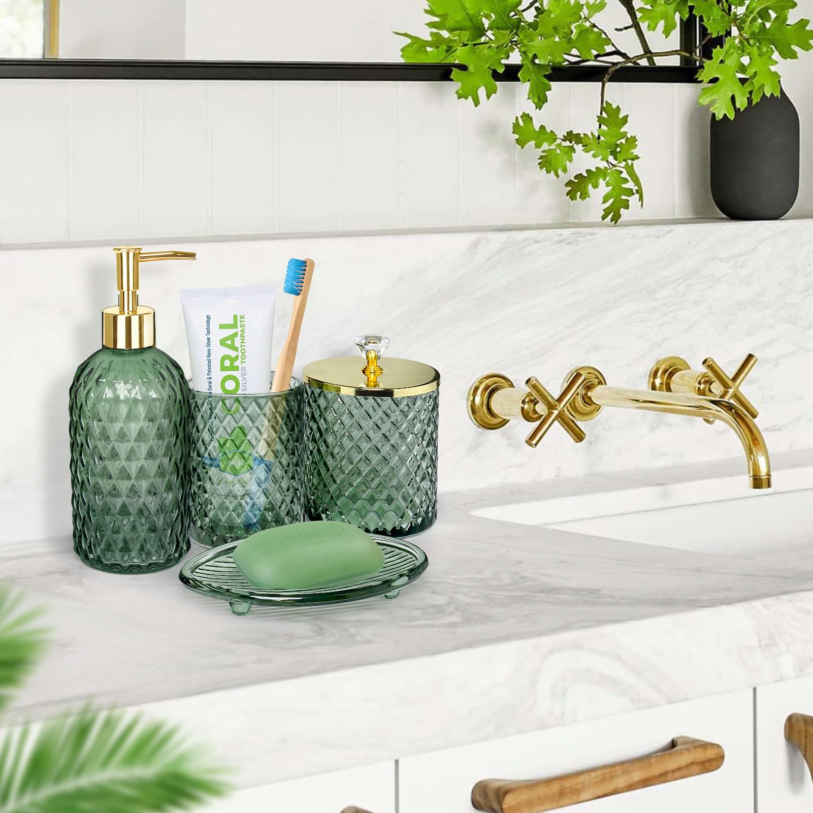 Haturi Bathroom Accessories Set - 4Pcs Glass in Sage Green with Lotion Dispenser, Toothbrush Holder, Qtip Holder, Soap Dish