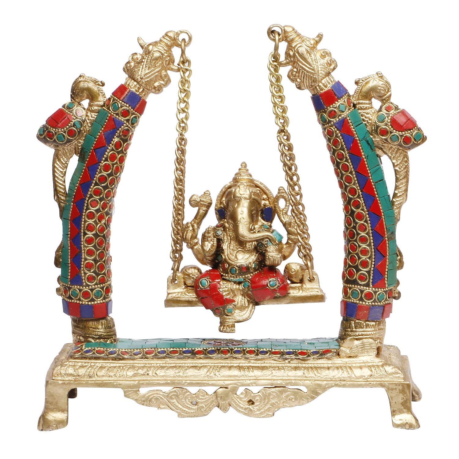 Artvarko Ganesh Jhula Swing Multicolor Stone Handwork Brass Idol Statue Ganesha Jhoola Pooja And Home Dcor Office Gifting10 Inch