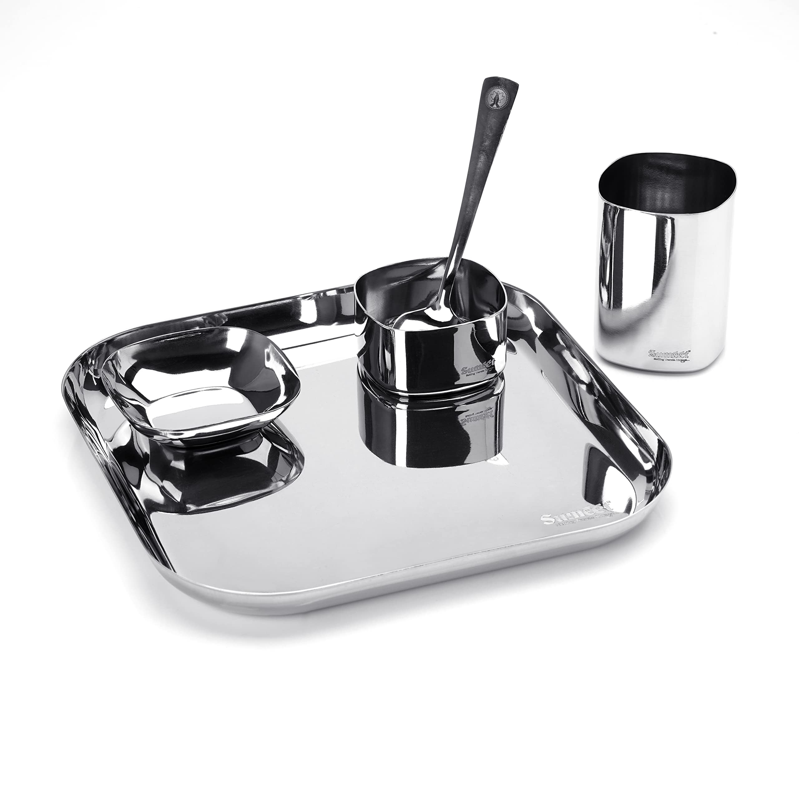 Sumeet Square Stainless Steel Heavy Gauge Mirror Finish Dinner Set Of 5 Pc (1 Plate, 1 Halwa Plate, 1 Bowl, 1 Glass, 1 Spoon)