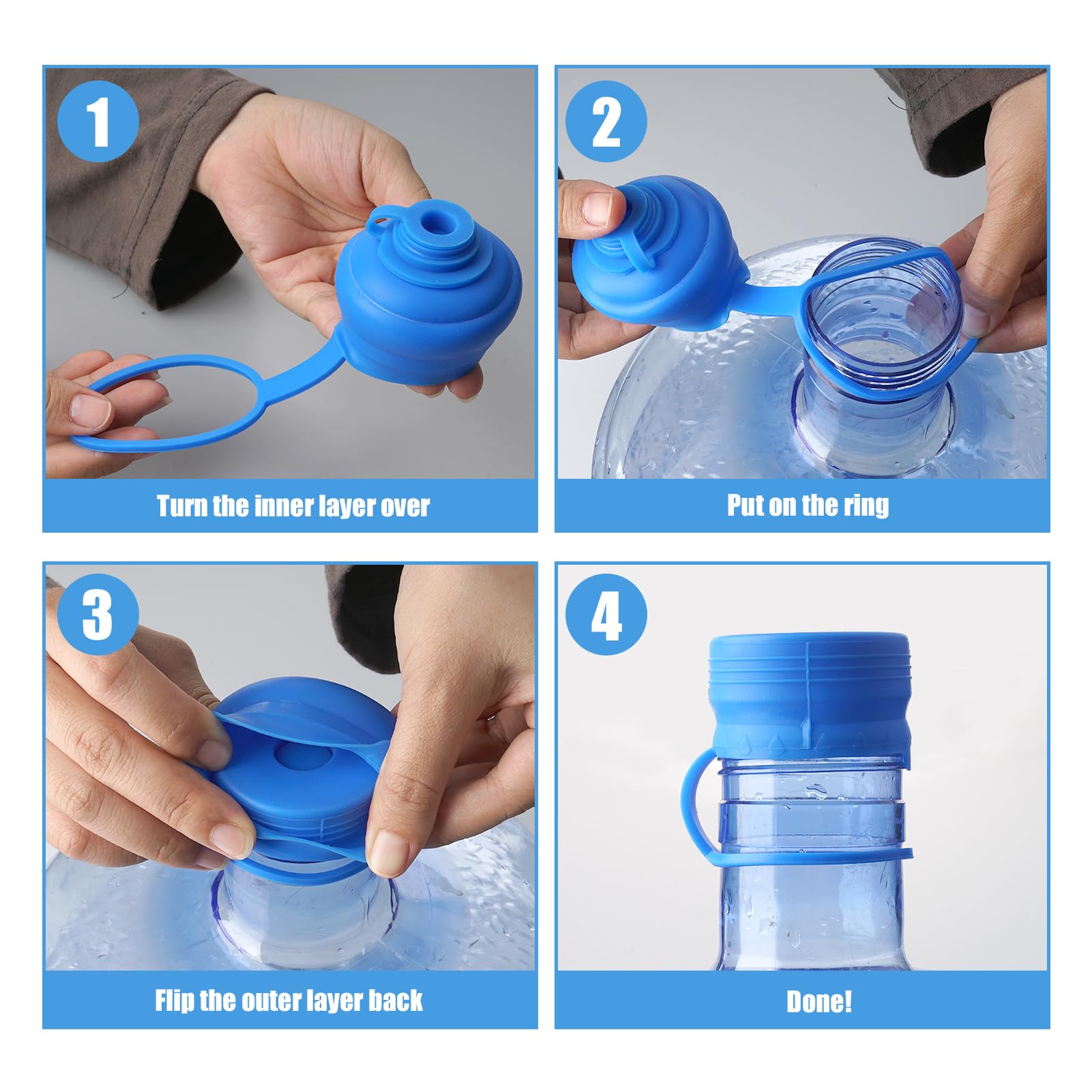 5 Gallon Water Jug Caps 4 Pcs, Food Grade Silicone Reusable Replacement Lid, Fit For 55Mm Standard/Screw/Crown Top Water Dispens