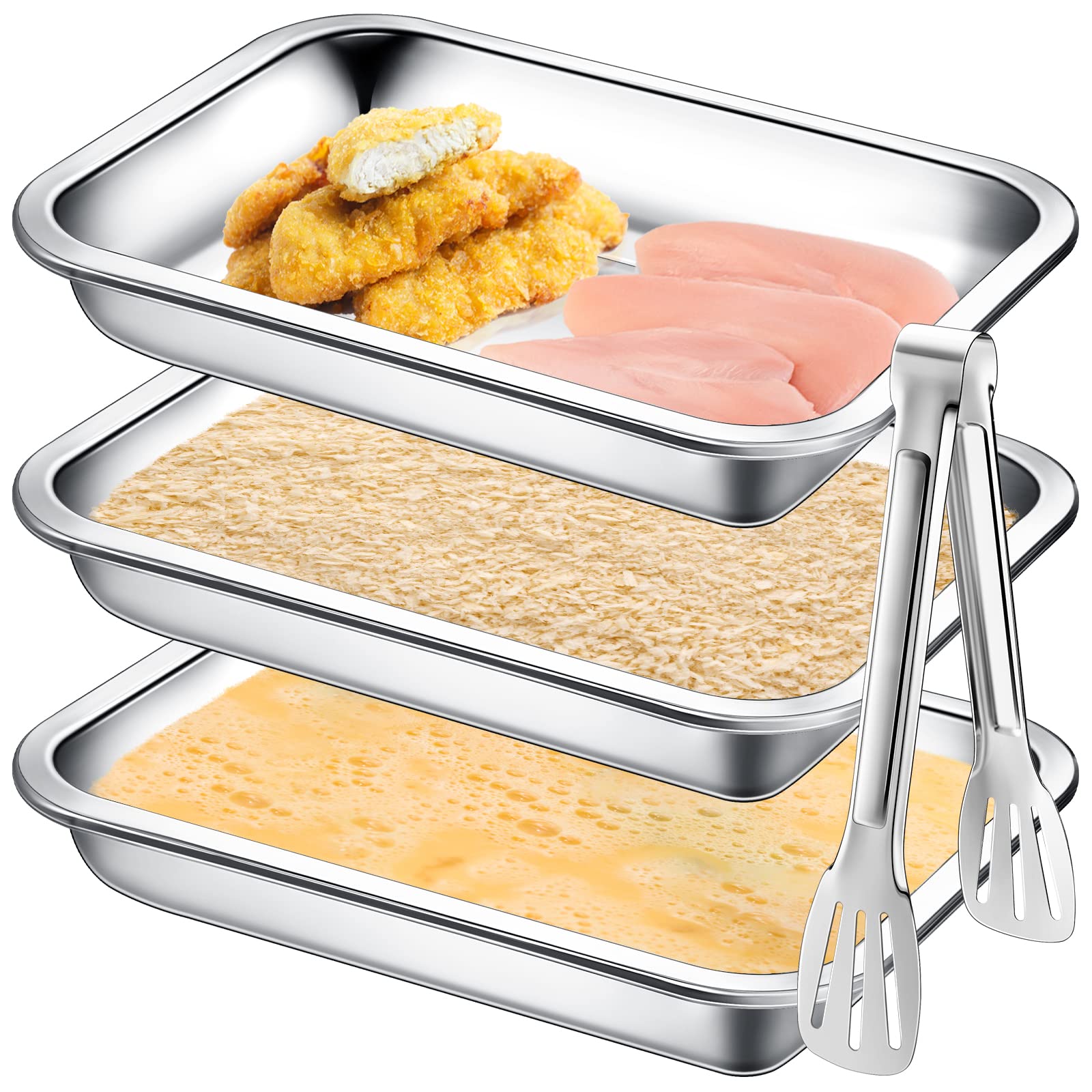 Breading Trays Set Of 3 Large 10.4 X 7.7 X 1.9 Inch Stainless Steel Breading Pans With Tong For Dredging Chicken Breasts And Mar