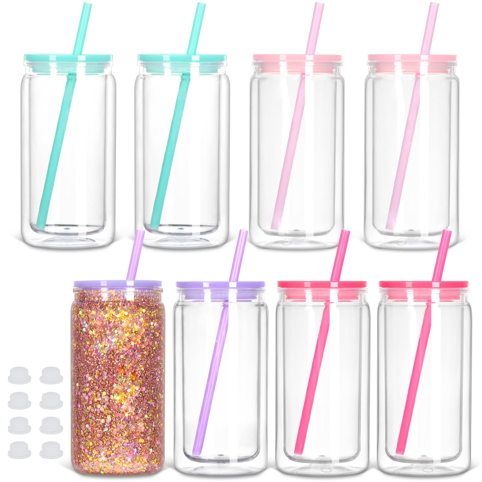 Tswofia 8 Pack Snow Globe Tumbler, 16 Oz Double Wall Plastic Can With Lid and Straw, Mason Jar Mug for DIY Glitter Gift (Mixed C