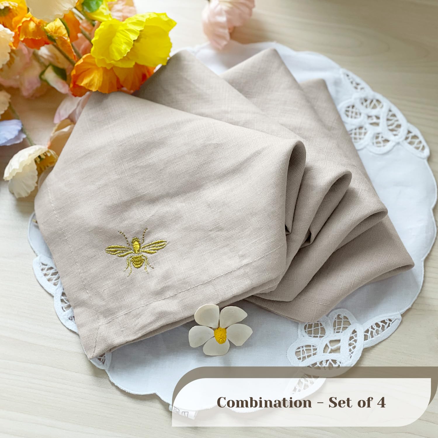 Derf Home 100% Pure Linen Embroidered Napkins Set Of 4-18X18 Inches, Elegant Table Linens For Dining, Soft & Durable, Machine Wa