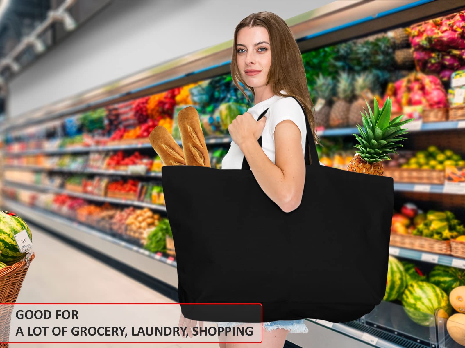 Extra Large Canvas Tote Bag - Big Largest Reusable Grocery,Black