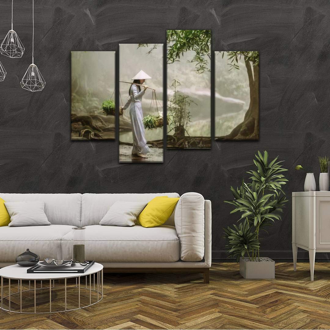 Igoone 4 Panels Canvas Paintings - The Vietnamese Girl In The Traditional Dress Is Carrying A Basket With - Wall Art Modern Post