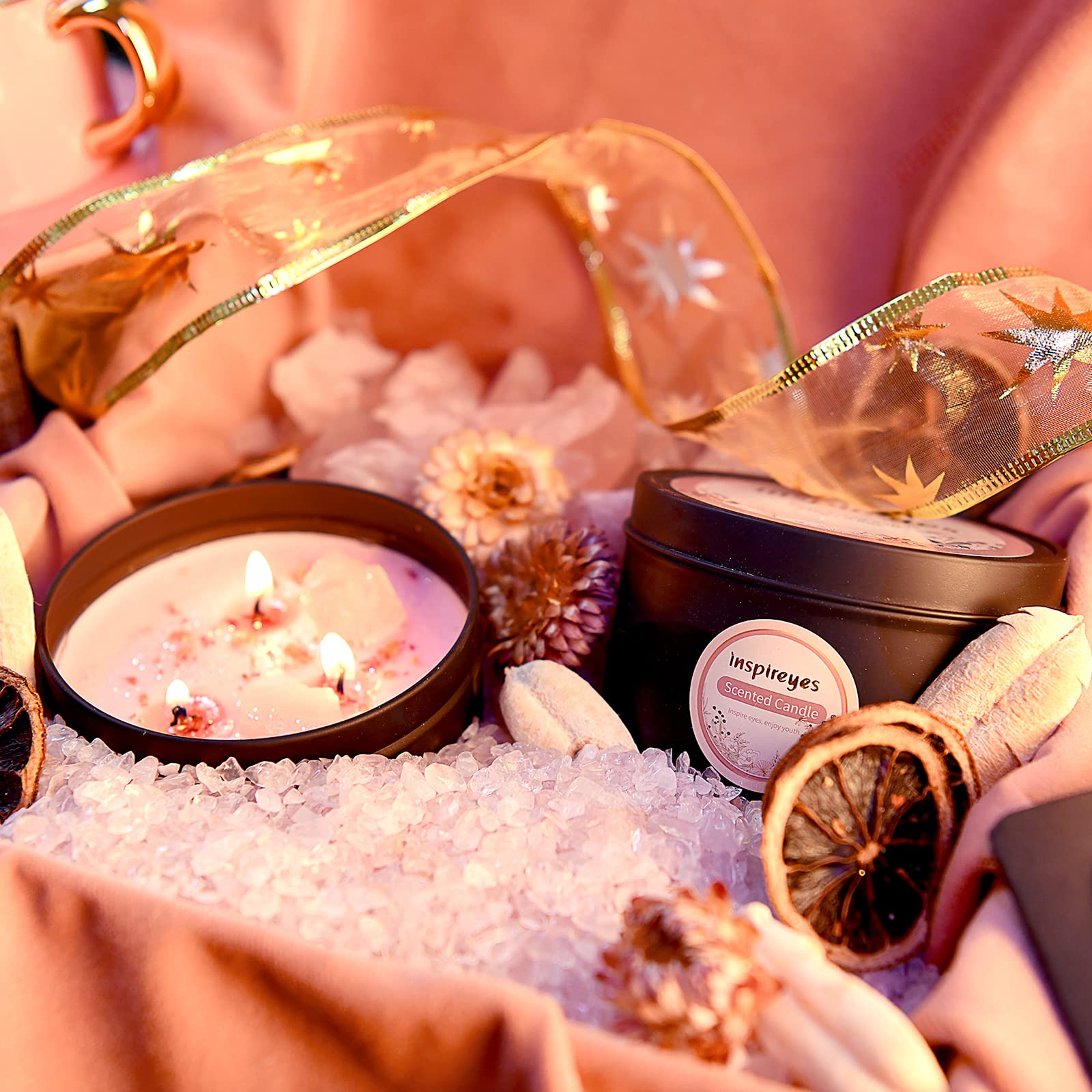 Inspireyes Scented Candle Set with Crystal, 19 oz 3 Wick Candle, Manifestation Candle with Large Energy Stones, Large Tin of Soy