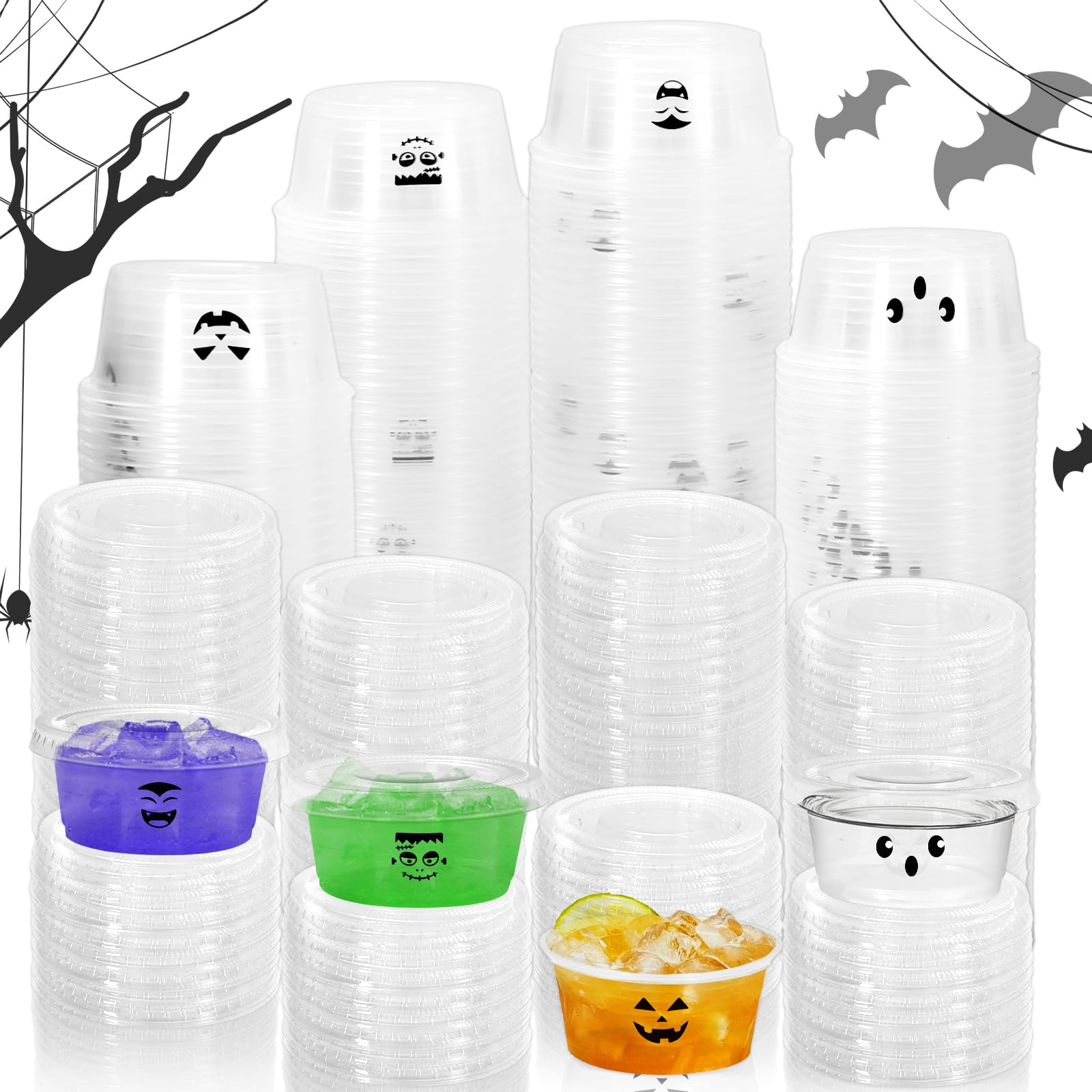 JarThenaAMCS 200Pcs 2 Oz Halloween Jelly Plastic Portion Containers Shot Cups with Lids Pumpkin Ghost Skeleton Monster Mini Sauc