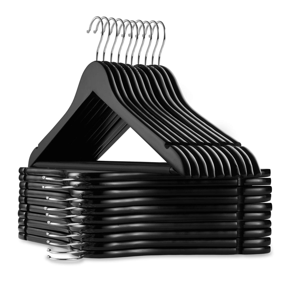 Casafield - 20 Black Wooden Suit Hangers - Premium Lotus Wood With Notches & Chrome Swivel Hook For Dress Clothes, Coats, Jacket