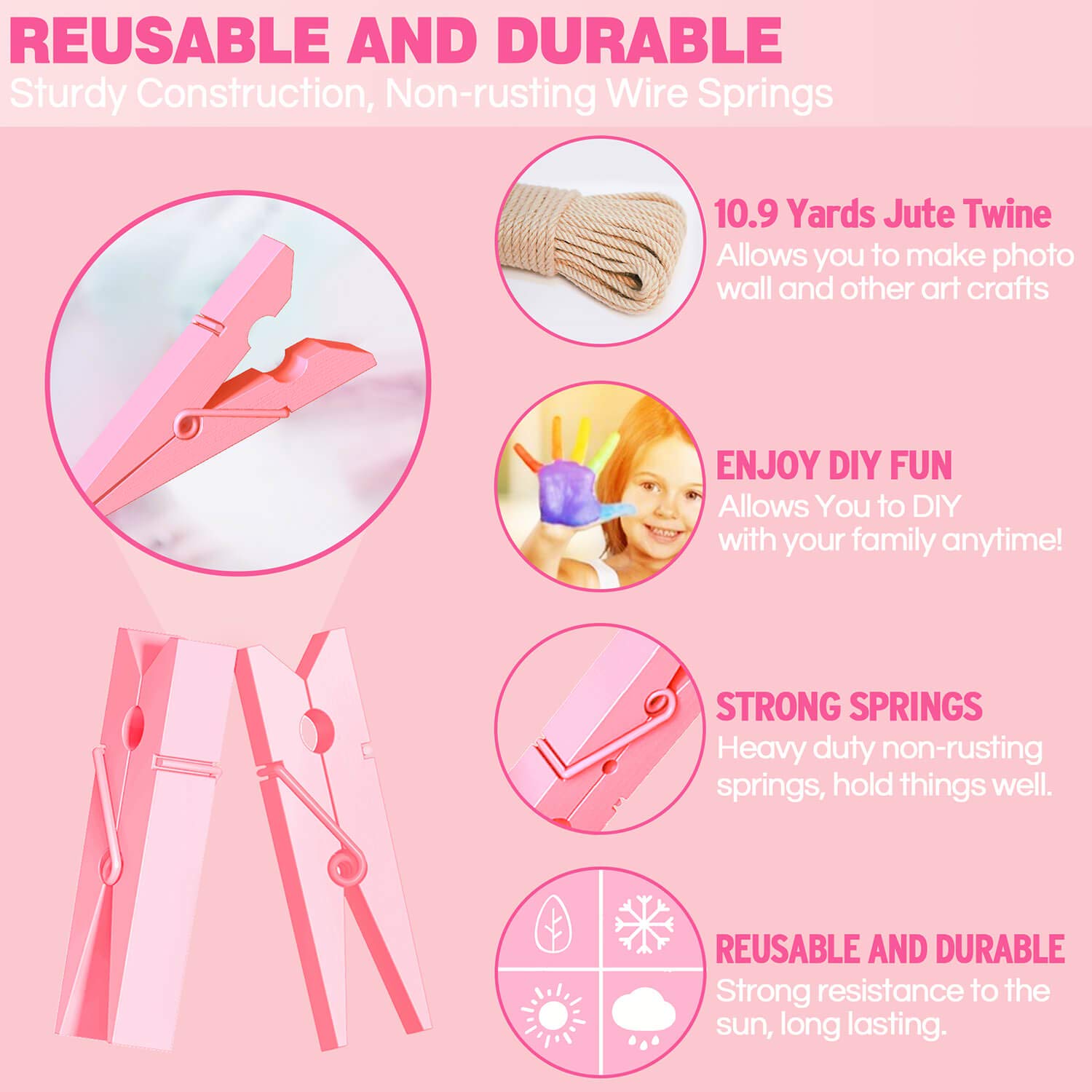 Clothes Pins Mini Clothespins Pink - 100 PCS Wooden Small Clothespins for Pictures with Jute Twine Tiny Photo Paper Clip  Ideal for Baby Shower  Crafts  Chip Clips  Home Office Decoration