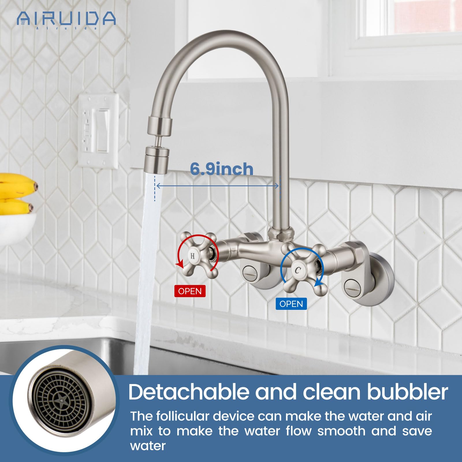 Airuida Bruhsed Nickel Wall Mount Kitchen Sink Faucet with Sprayer Wall Mounted Kitchen Faucet 6 Inch Center Double Handles 360 Degree Swivel Spout Utility Laundry Restaurant Commercial Mixer Tap
