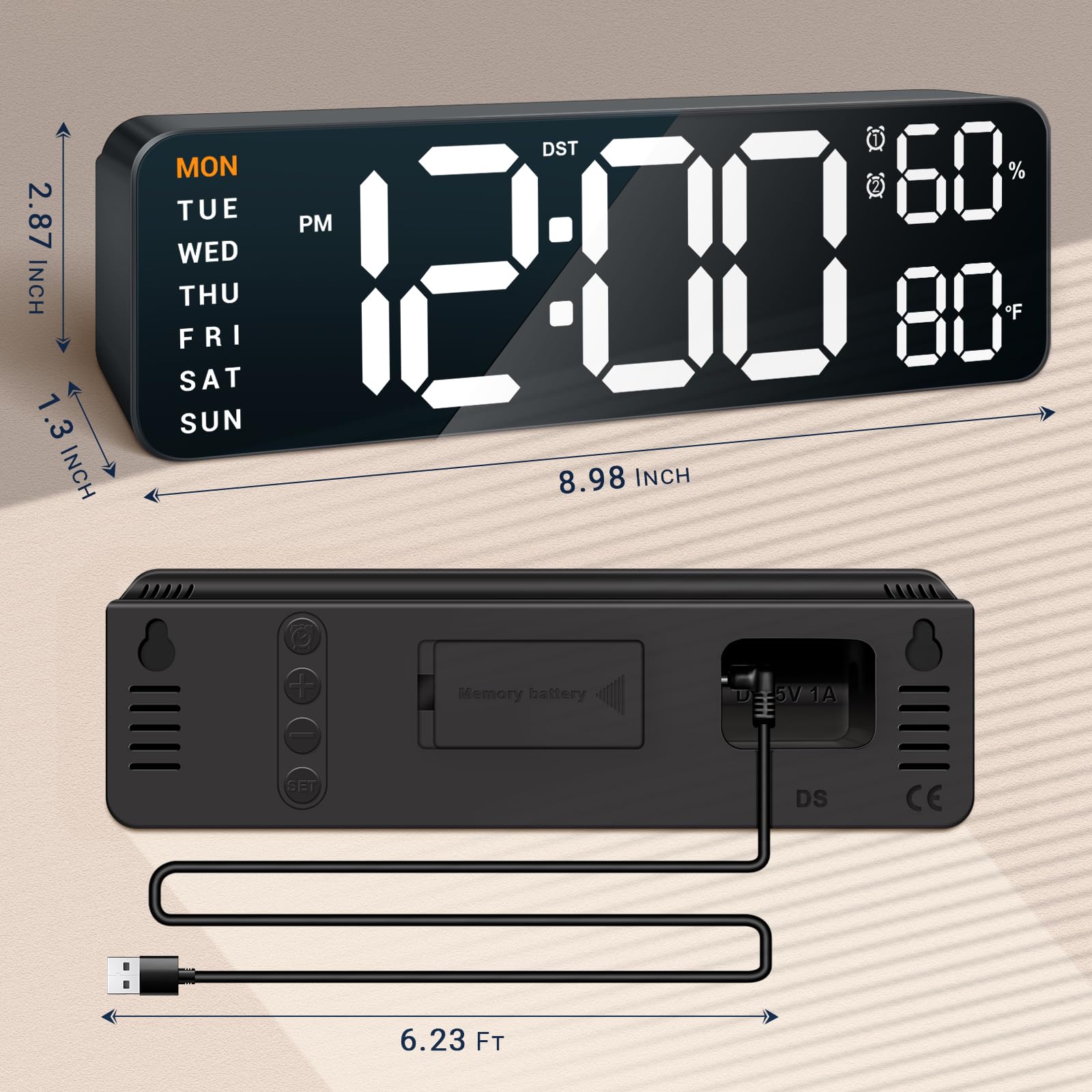 10 Digital Wall Clock: Dual Alarm Wall Mount Decor Clock for Living Room Classroom Office Desk, House Warming Gifts New Home Dec
