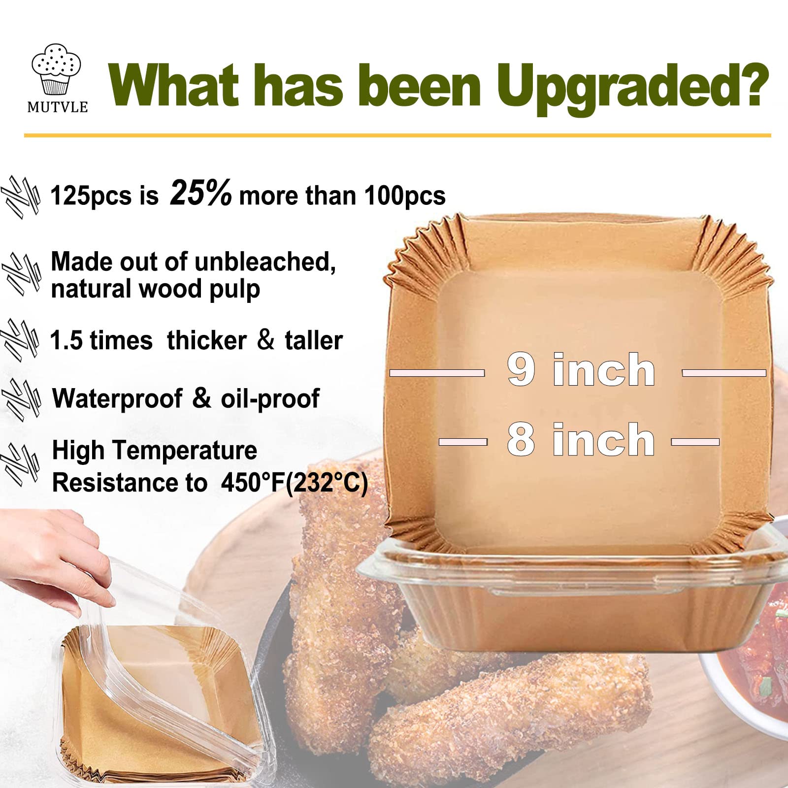 mutvle Large Air Fryer Disposable Paper Liners, 9'' Square, 125 Pcs, Oil-proof & Water-proof Parchment Paper for 5-8QT Air Fryers