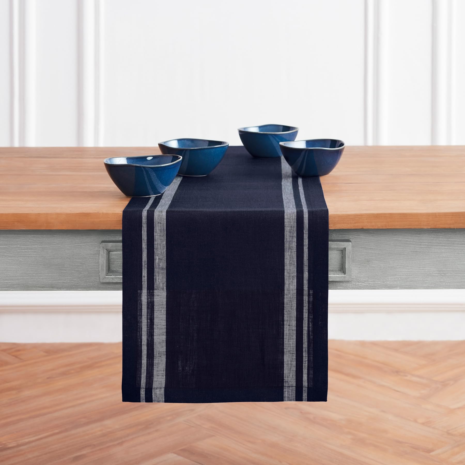 Solino Home Stripe Linen Table Runner 36 Inch - 100% Pure Linen White And Navy Table Runner 14 X 36 Inch - French Stripe, Machin