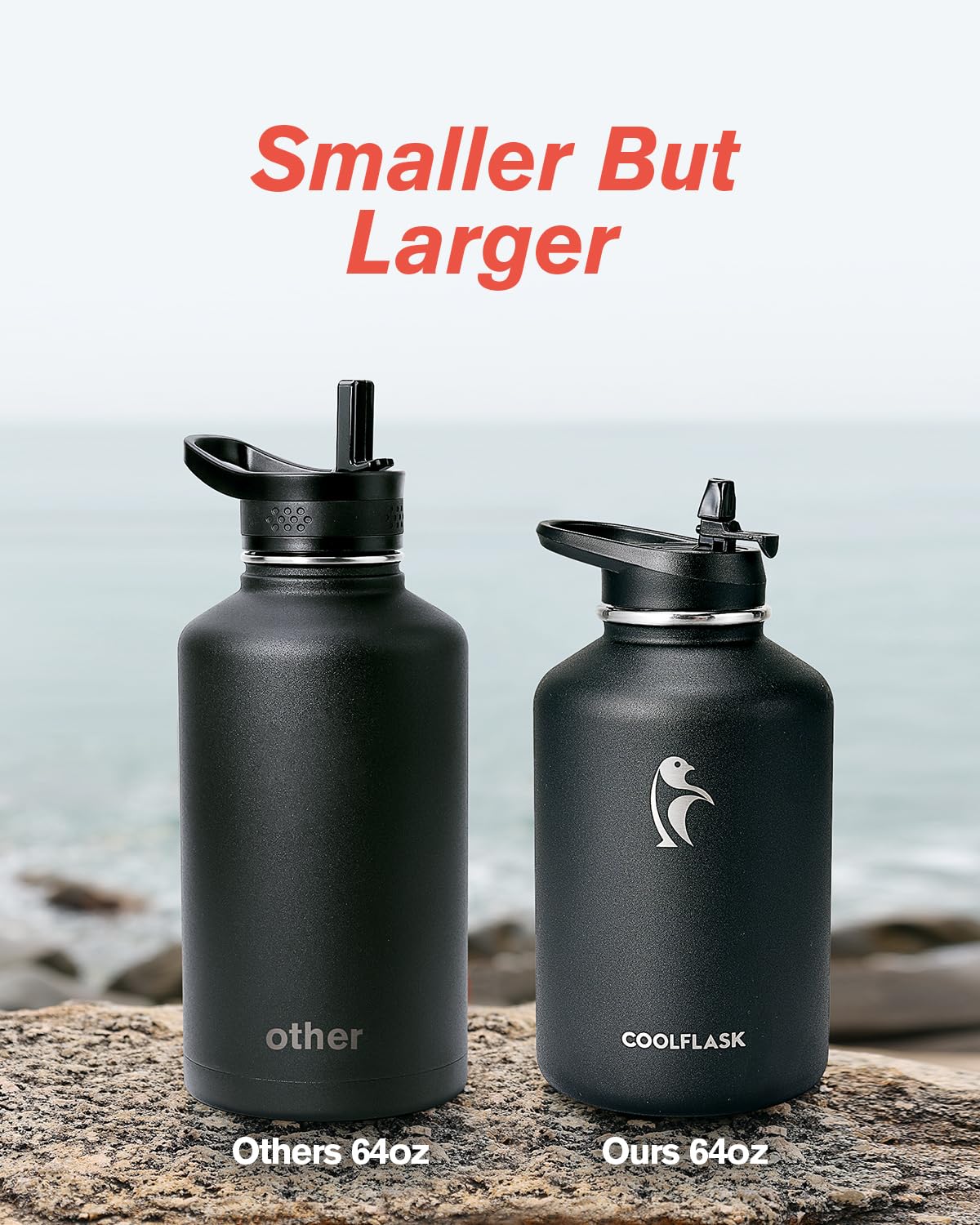Coolflask 64 Oz Insulated Water Bottle With Strap & Sleeve, Half Gallon Water Jug 3 Lids Stainless Steel Multifunctional Flask B