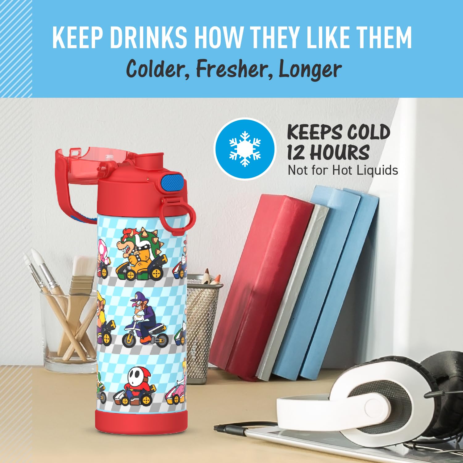 Thermos Funtainer 16 Ounce Stainless Steel Vacuum Insulated Bottle With Wide Spout Lid, Mario
