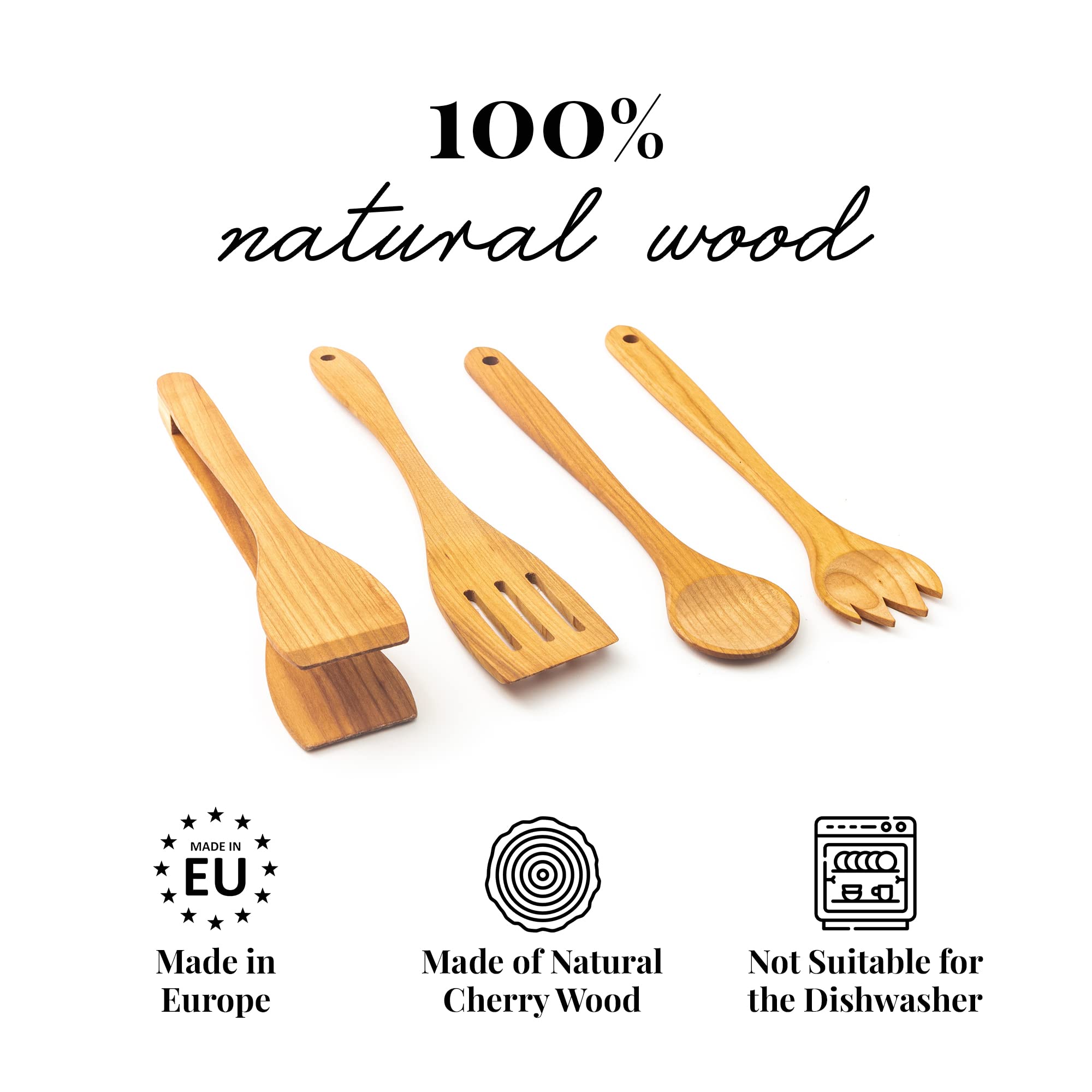 Tuuli Kitchen - 4-Piece Wooden Cooking Utensils Set, Solid Cherry Wood (Bbq Tongs, Kitchen Spoon, Fork And Spatula), Durable Woo